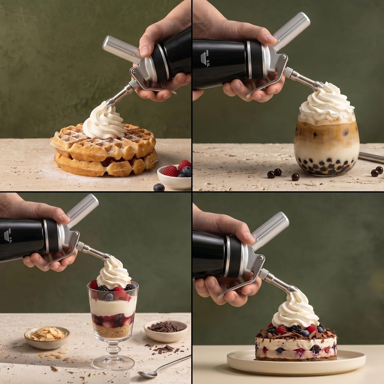 Professional Whipped Cream Dispenser 1 Pint 500ml Aluminum Whipper Leak Proof Dispenser with 6 Decorating Nozzles for Coffee Cold Foam Desserts N2O Not Included