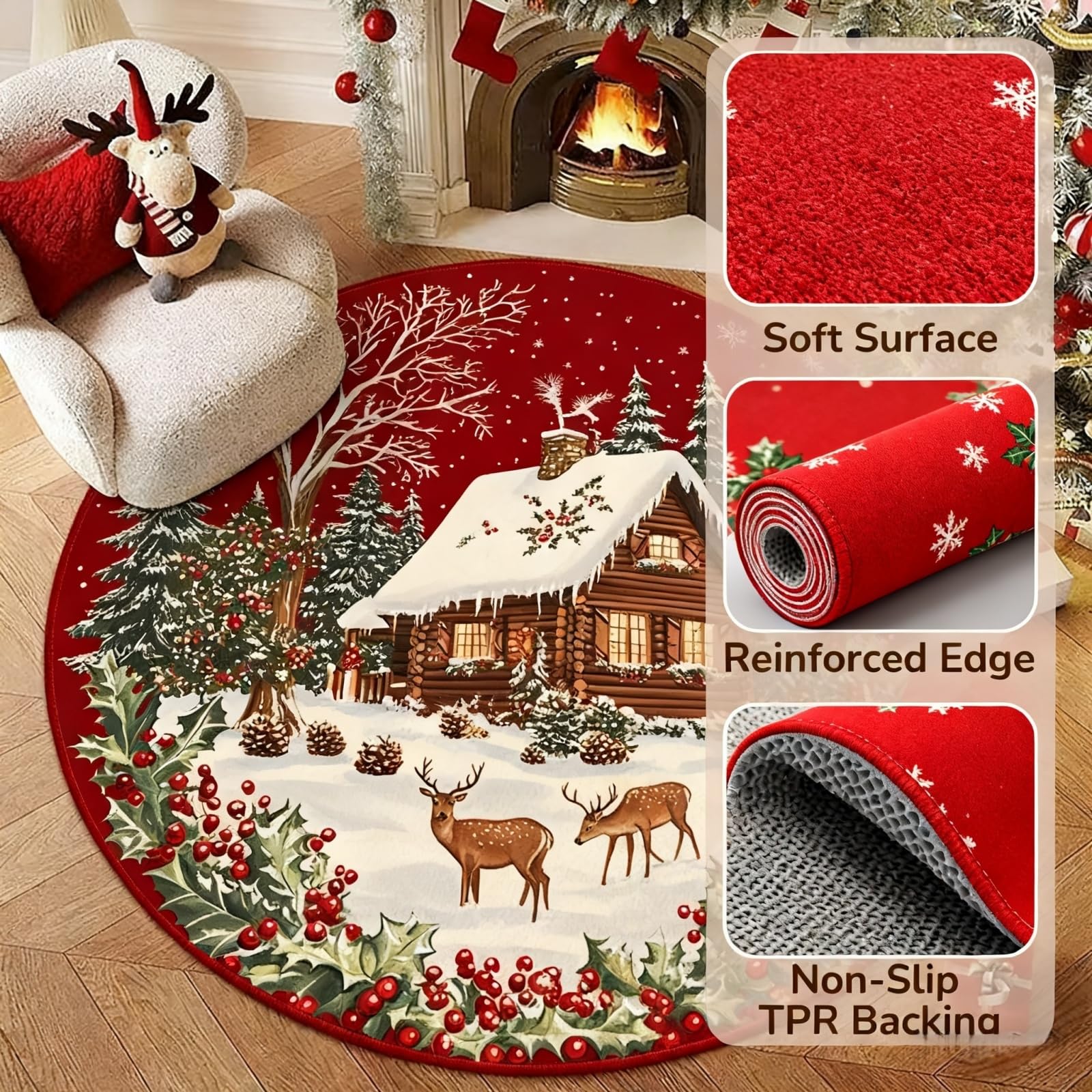 Odot Tapis Rond de Rennes de Noël, Lavable Rug de Salon, Chambre à Coucher, Ambiance Festive,Tapis Chambre, Couverture de Chevet Père Noël (Renne,160CM)