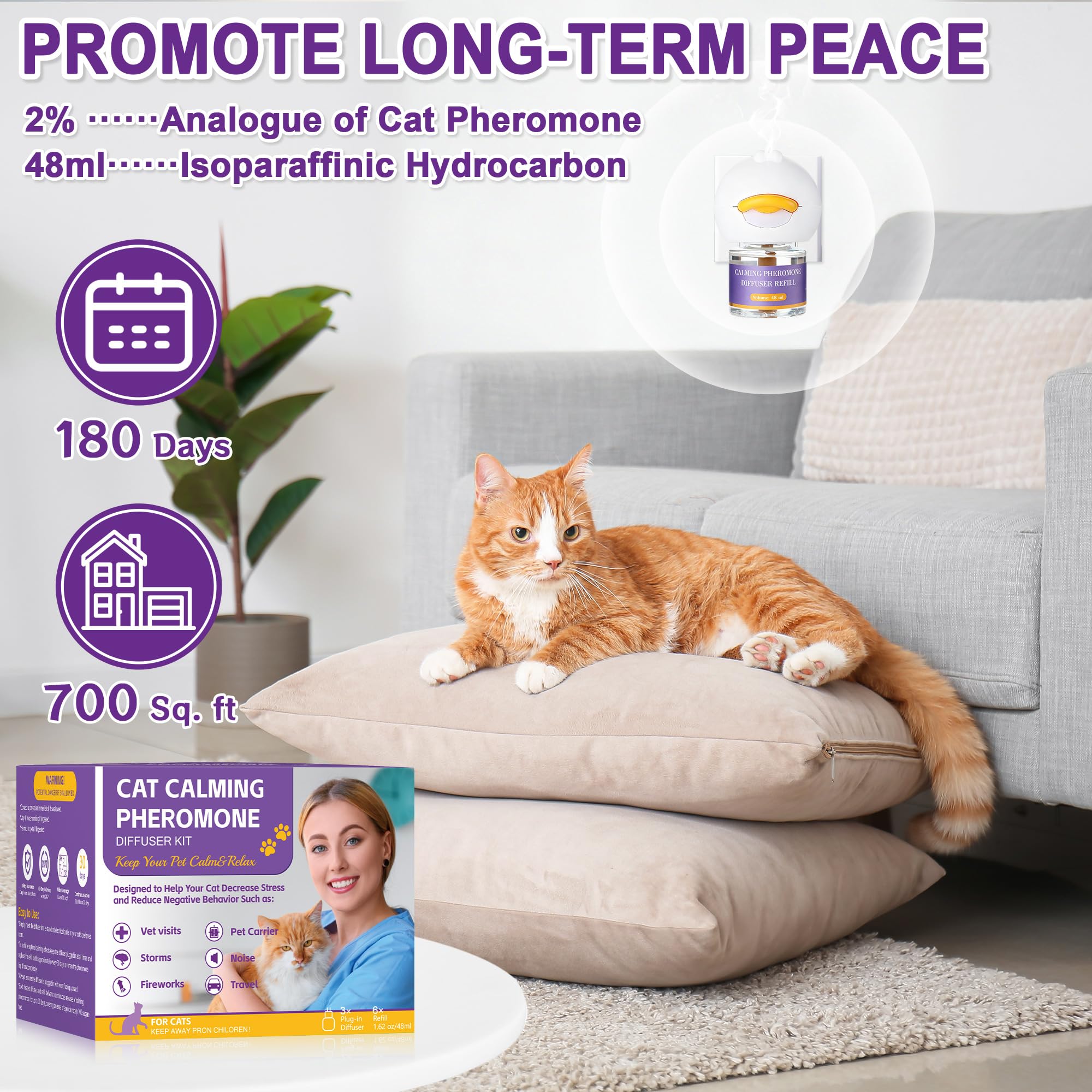 9-in-1 Katze Pheromon Beruhigende Diffusor, Pheromon Diffusor für Katzen, Angst lindern, Helfen, Kämpfe zu reduzieren, Sprühen & Kratzern, Drogenfrei & Geruchlos Sicher (3 Stecker + 6 Refills) 180 Tag
