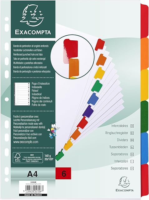 Exacompta - Ref 2306E - Document Dividers - Suitable for A4 Documents, 160gsm White Card, Plastic-Coated Multicoloured Tabs, Pre-Punched, FSC-Certified, 6 Sections