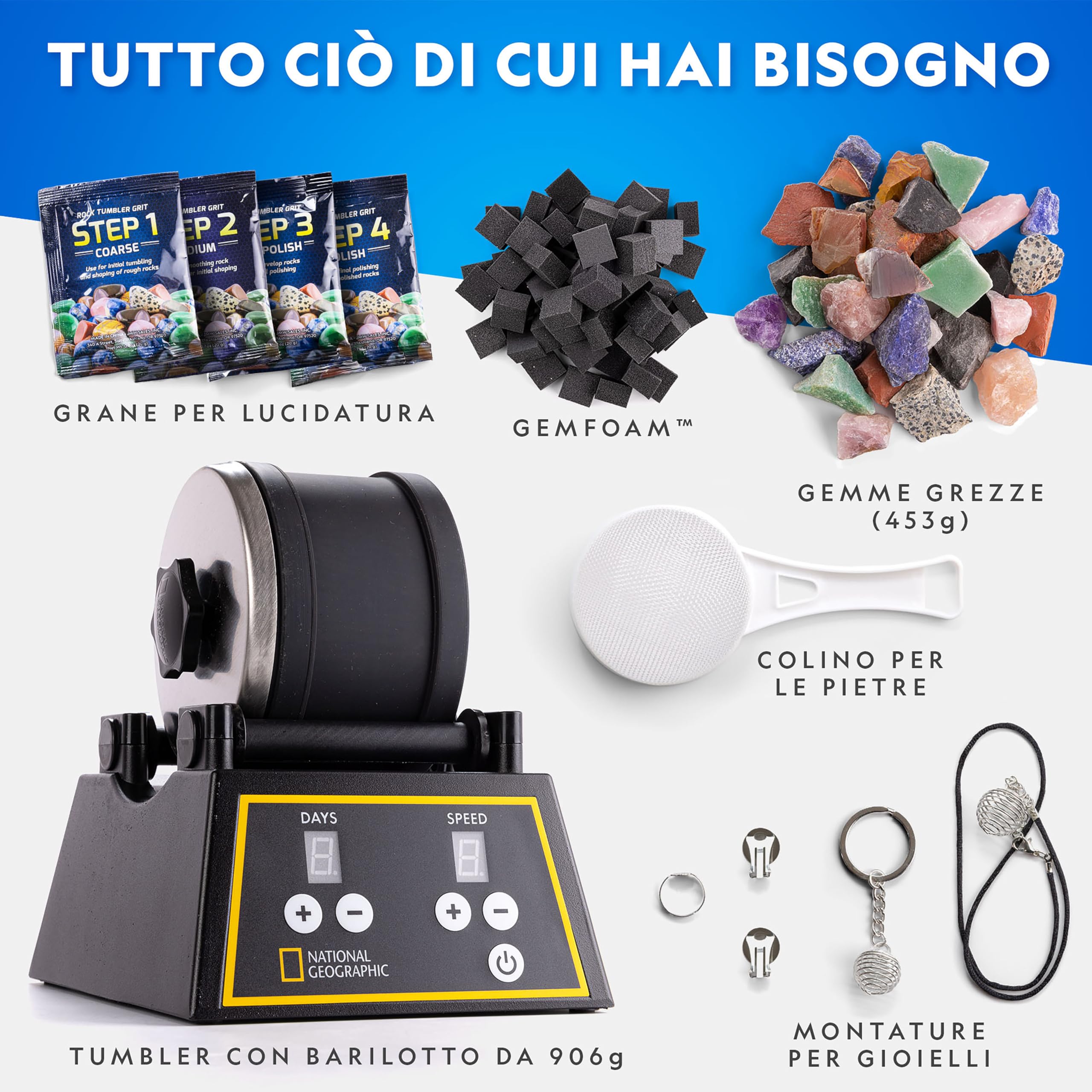NATIONAL GEOGRAPHIC – Kit Professionale per la Levigatura delle Pietre – Kit Completo con Barile da 907 g, Pietre, Abrasivi e Spugna Lucidante GemFoam, Kit Scientifico Educativo STEM