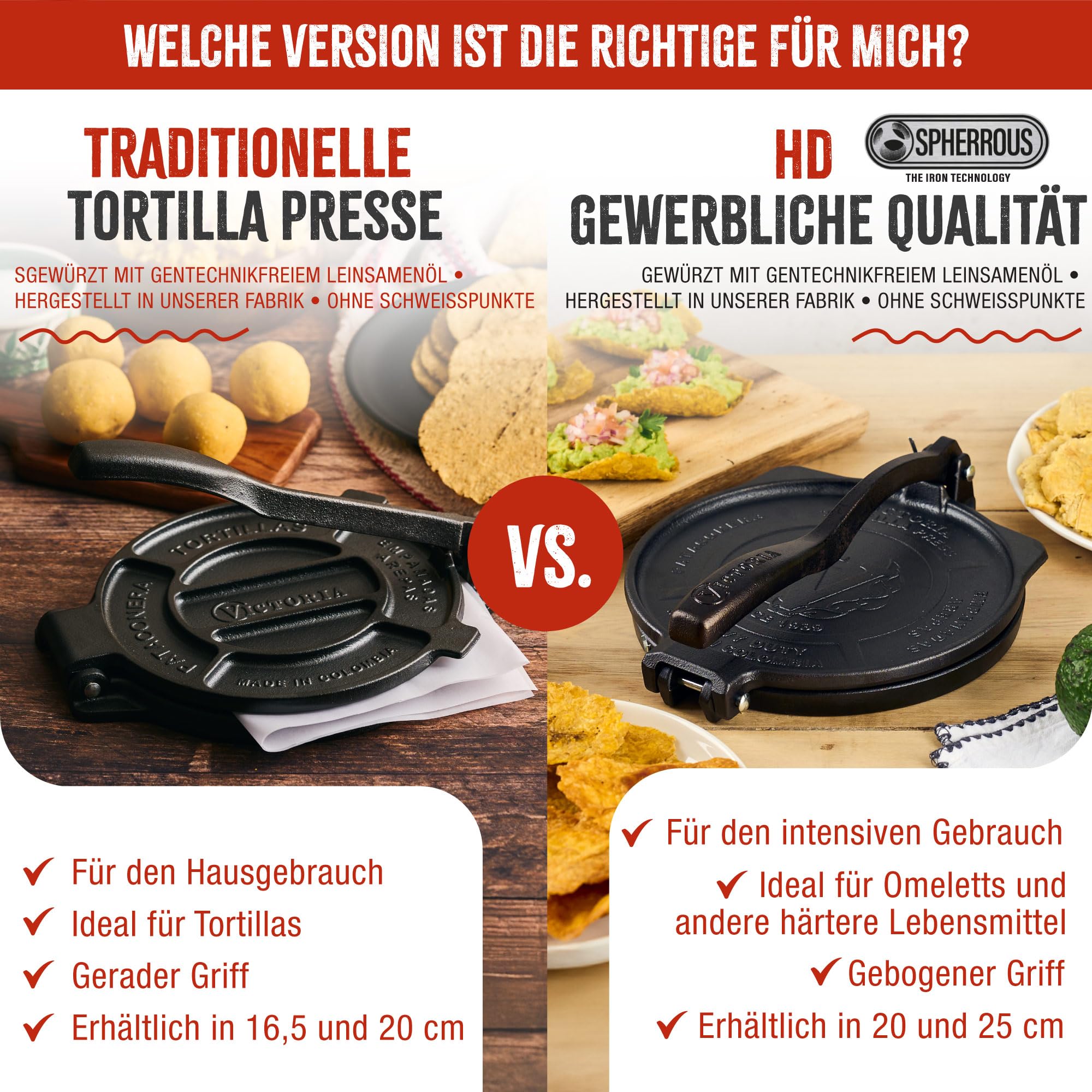Victoria Tortilla Presse Gusseisen 20 cm Professionelle Roti Maker für Tacos Arepas Quesadillas