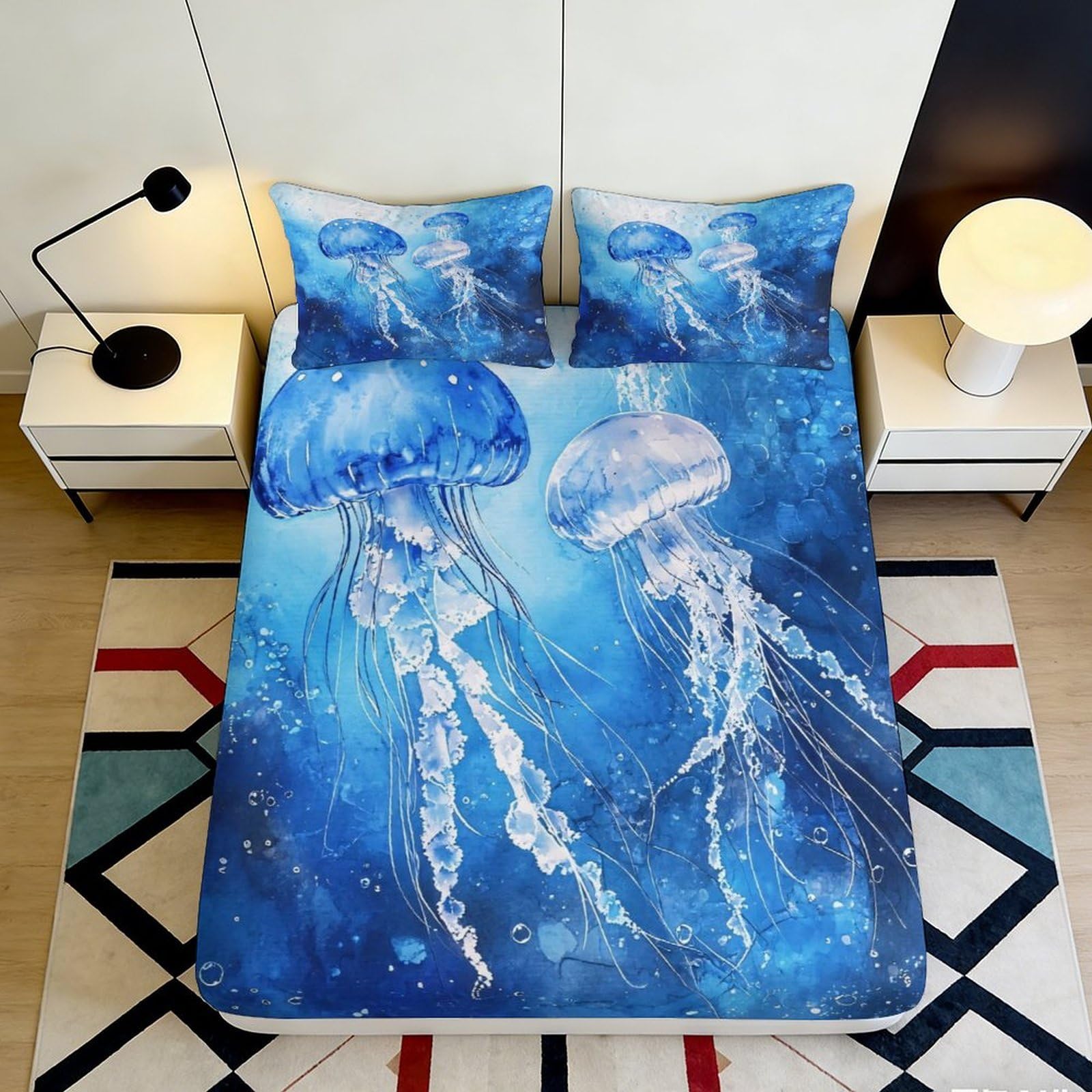 3D Printed Blue Jellyfish Fitted Sheet Microfiber Soft Breathable Ocean Pattern Mattress Cover for Bedroom Dormitory Guest Room Mattress Protection 180x200x25cm
