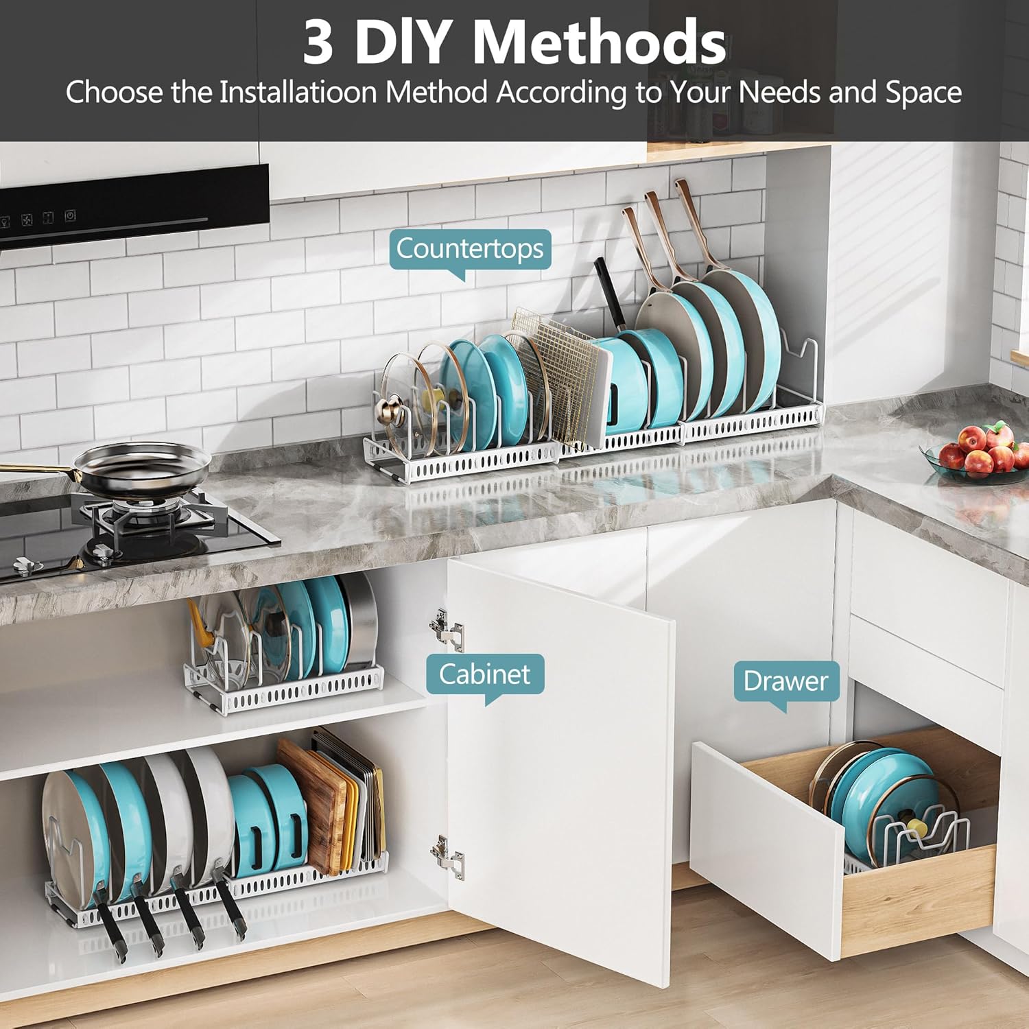 3-Pack Pots and Pans Organizer for Under Cabinet, Bright White