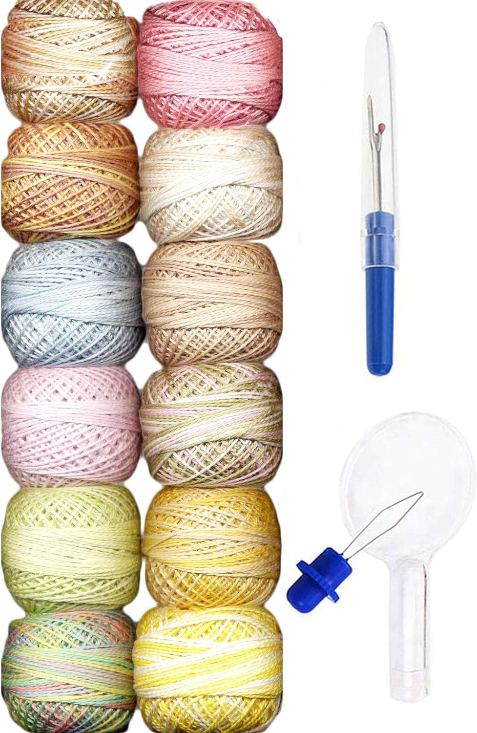 Valdani Embroidery Thread Perle Cotton Size 8 Hand-Double-Dyed Pastels Collection (PC8-Pastels) with Seam Ripper and Needle Threader