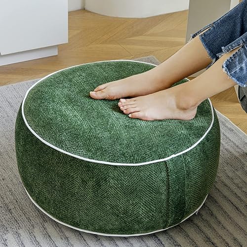 Miniatura 6 de Inflatable Pouf Ottoman, 21x10 Inches Stuffed Chenille Ottoman with Inflatable PVC Liner, Foot Rest with Portable Handle, Round Floor Pillow for