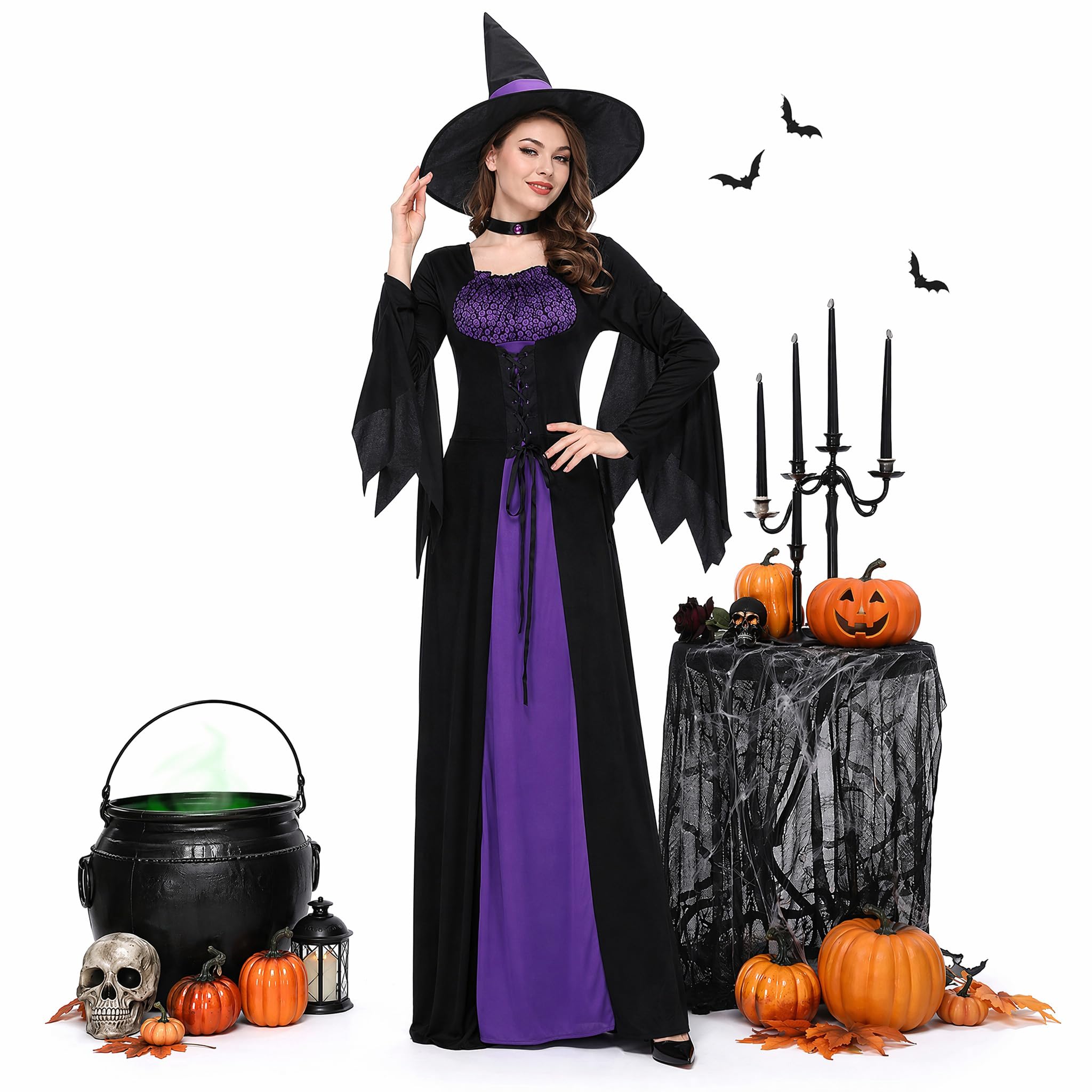 Witch Dress Women Halloween Wicked Costumes with Hat Choker