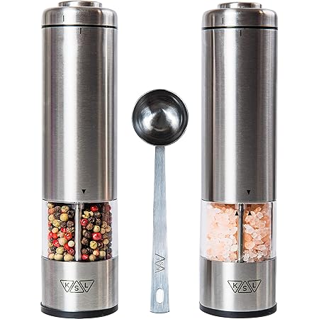 KSL Electric Salt and Pepper Grinder Set (Batteries included) - Automatic Adjustable Shakers - Stainless Steel Powered Spice Mills - Battery Operated Kitchen Peppermills Light, Housewarming Gift Idea