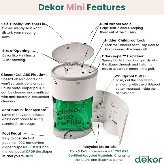 Diaper Dekor EKO MINI Diaper Pail, White, ONLY Eco-Friendly Diaper Pail Made with 70% Recycled Materials, Hands-Free: StepDropDone, Cost-Effective Refill System