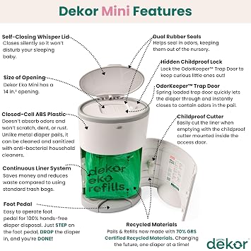 Diaper Dekor EKO MINI Diaper Pail, White, ONLY Eco-Friendly Diaper Pail Made with 70% Recycled Materials, Hands-Free: StepDropDone, Cost-Effective Refill System
