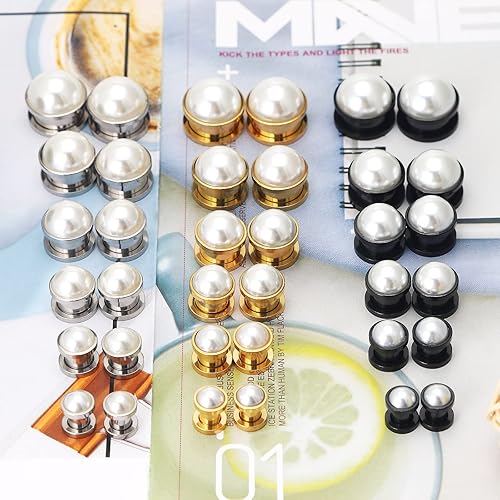 Miniatura 6 de Qmcandy 2 unidades de túneles de oreja de perlas de acero inoxidable, doble acampanada, tapones de tornillo para perforación 2G-58 pulgadas