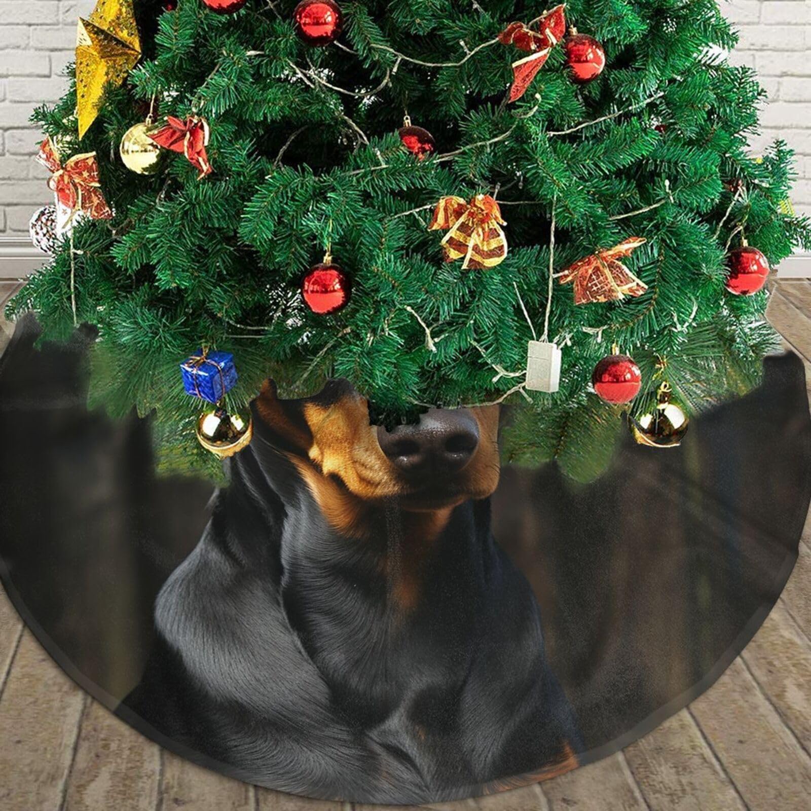 Doberman Christmas Tree Skirt 48" Plush Soft Artificial Tree Mat Cover Merry Christmas Xmas Tree Skirt for Christmas Decoration Holiday Indoor Outdoor Winter Party Decor