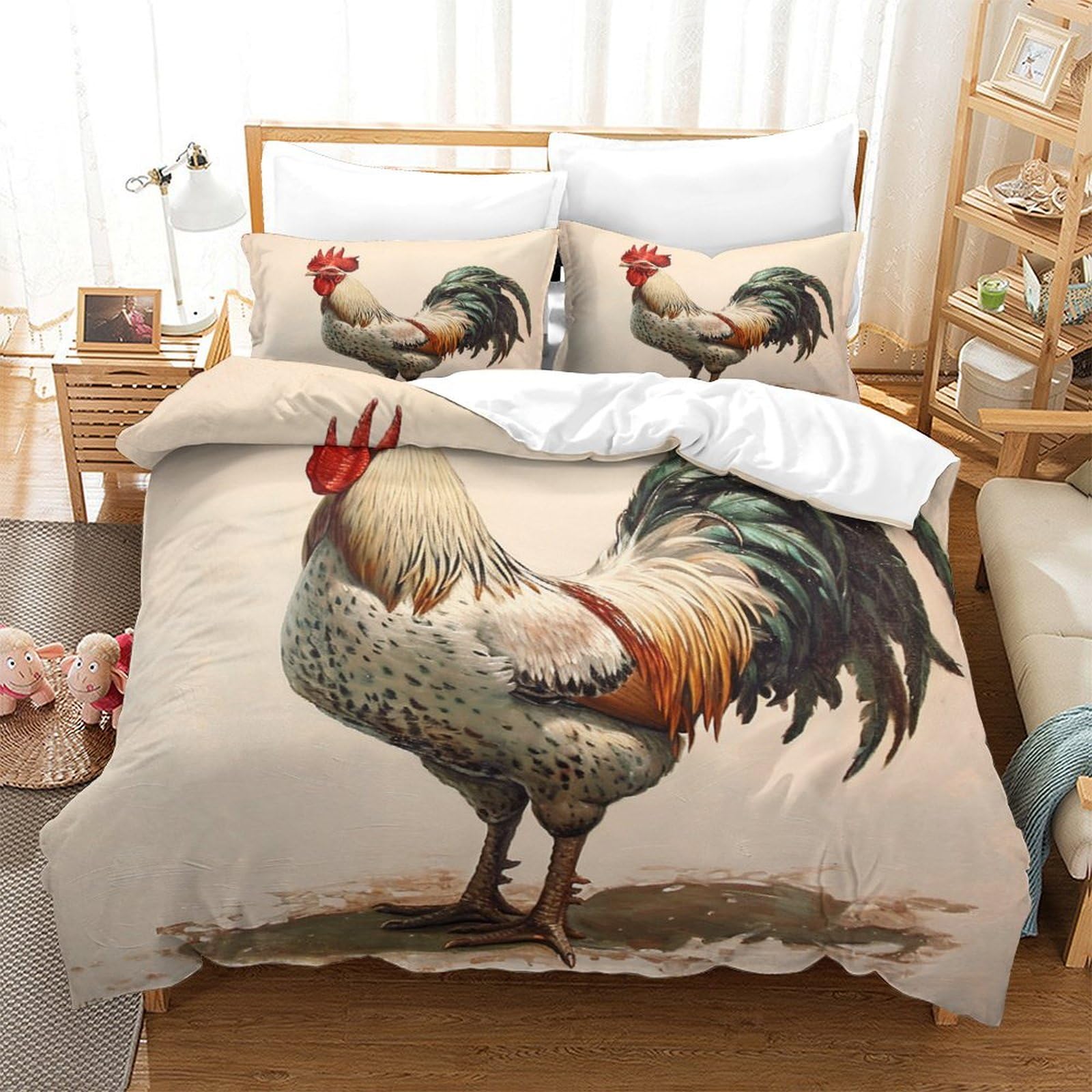 P1s9u7w5y Gallic Rooster-3 Vintage Rooster 3D Printed Duvet Cover Set 3Pcs Microfiber Rustic Rooster Bedding Set Double（200X200cm）