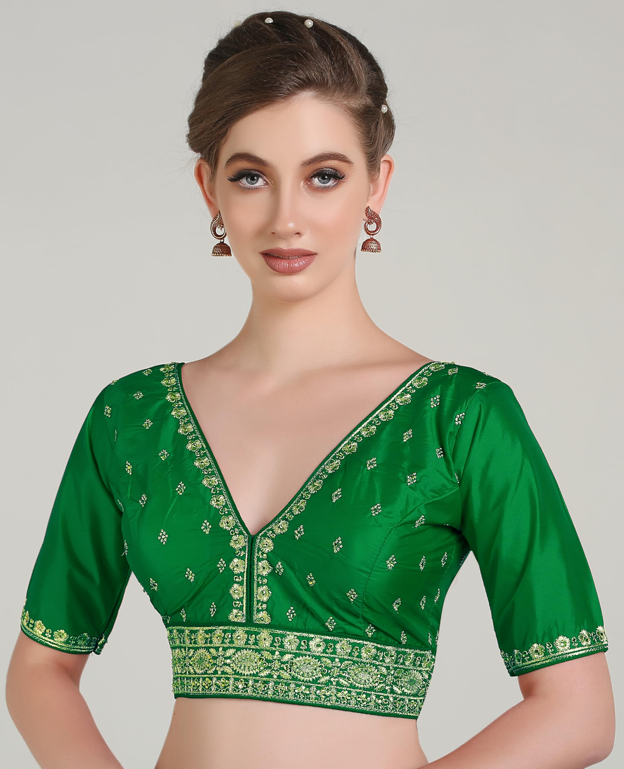Pujia Mills Woman Readymade Ethnic Wear Deep V Neck Classic Butti Designer Half Sleeve Red Blouse Online Embroidery Zari Work With Diamond Work Border Sadi Blouse