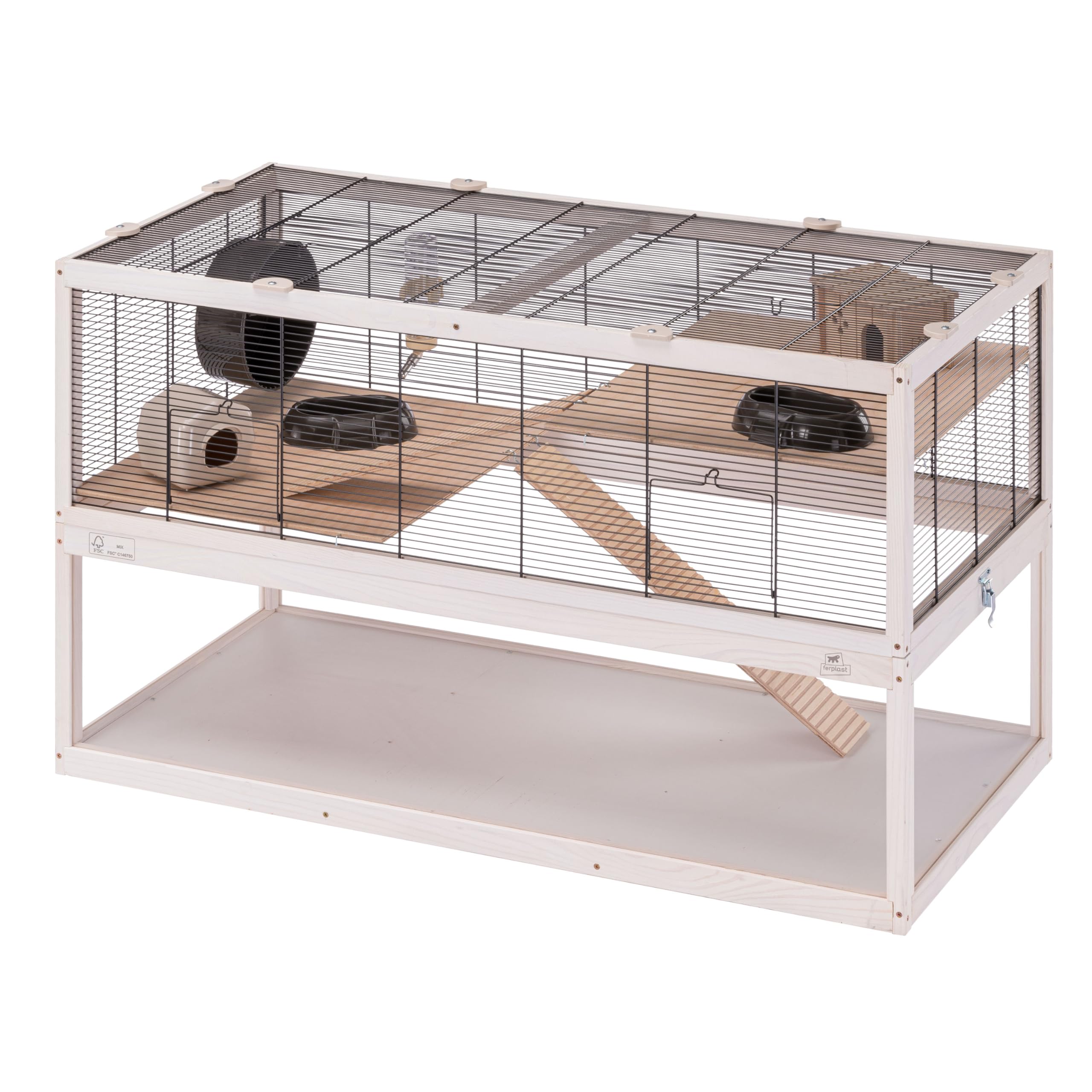 Ferplast Jaula Hámster DOMSTER, Jaula para Ratones, 3 Niveles, con Accesorios, Plataformas y Escaleras, Malla metálica y Madera FSC, Base Transparente, Jaula para Hámster de Madera 100 x 50 x h 61 cm