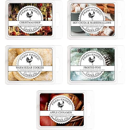 Christmas Wax Melts, 16 Ounces Variety 5 Pack, Hot Cocoa, Holiday Pine, Cinnamon, Sugar Cookie, Holiday Wax Melts Warmer Melts Christmas Scents Farm Raised Candle Wax Melts, Christmas Wax Warmer.