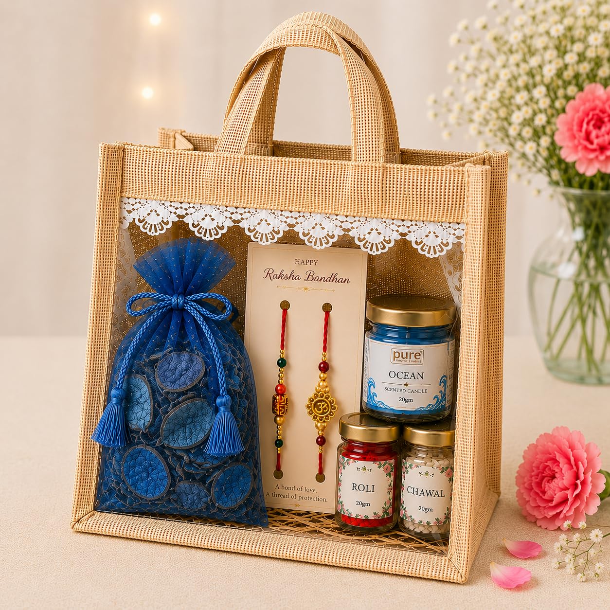 Pure Source India Raksha Bandhan Gift Hamper for Brother | Premium Jute Gift Bag with 2 Designer Rakhi, Ocean Scented Candle, Blue Potpourri, Roli & Chawal