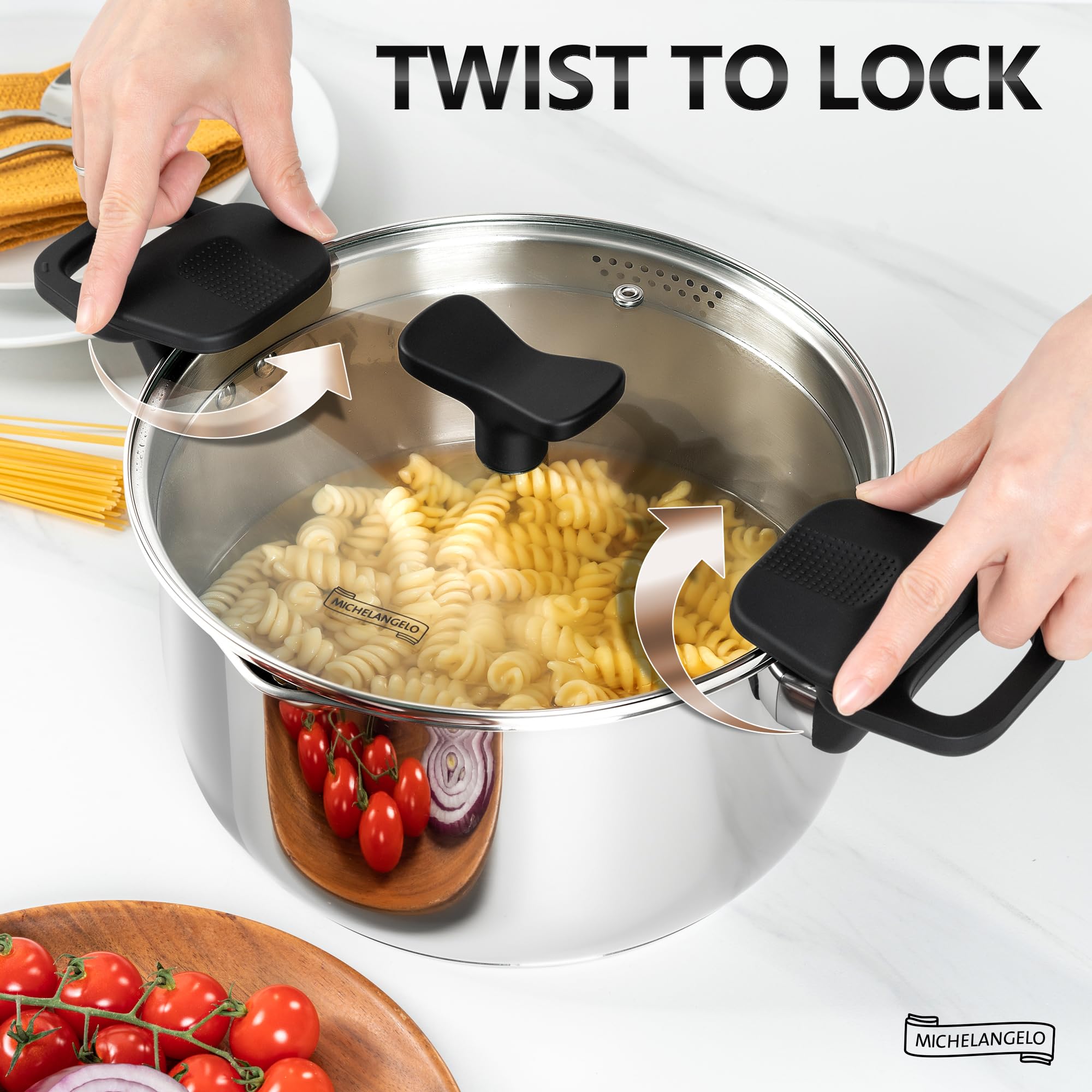 MICHELANGELO Olla de pasta de acero inoxidable con tapa coladora, olla de inducción de 6 cuartos con tapa, olla de espaguetis de 6 cuartos con tapa coladora