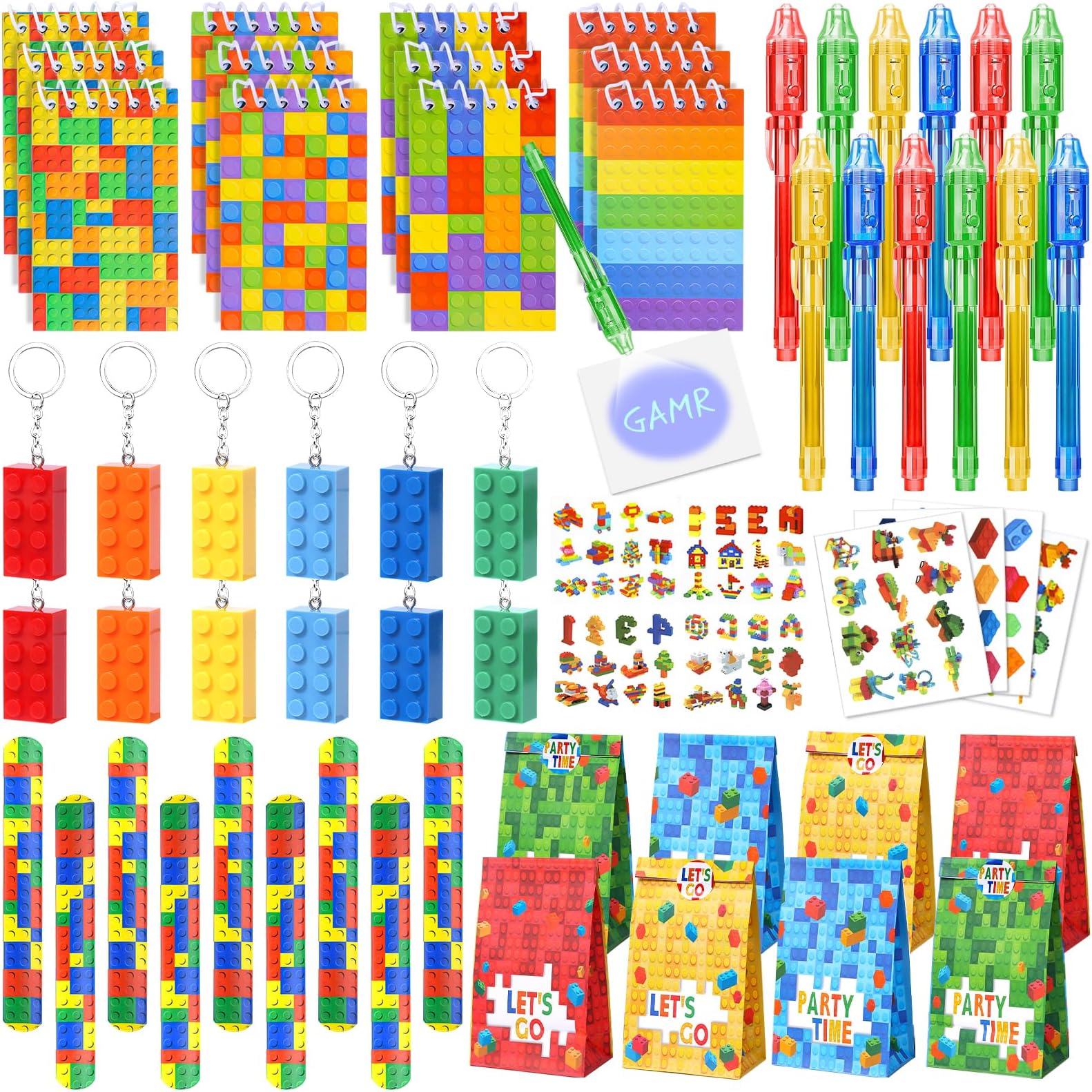 Latocos 72pcs Kids Party Bag Fillers Building Block Party Favours Invisible Ink Spy Pen Notebook Keychain Bracelet Tattoo Treat Pinata Goodie Gift Bag Fillers for Kids Boys Birthday Party Supplies