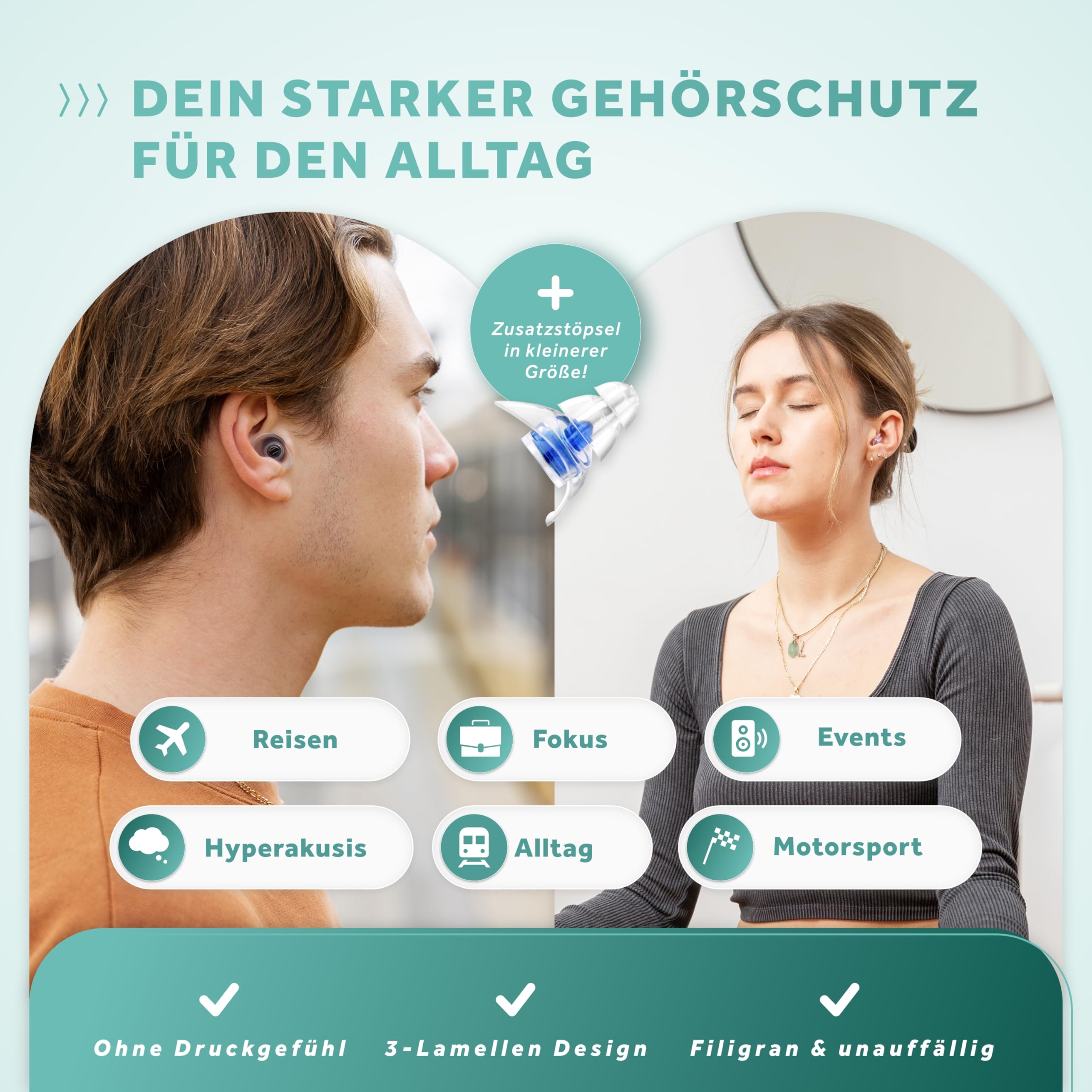 Schallwerk ® Strong+ Daily - unauffällige Gehörschutz Ohrstöpsel – dämpfen Lärm & erhalten Tonqualität – Ohrenstöpsel transparent - Earplugs geeignet für Musik, Alltag, Arbeit & Lernen