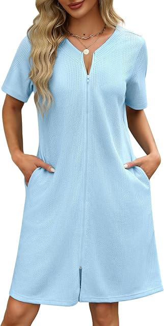 Ekouaer Femmes Zipper Robes Waffle court peignoir légère House manteau avec poches douce chemise de nuit S-3XL