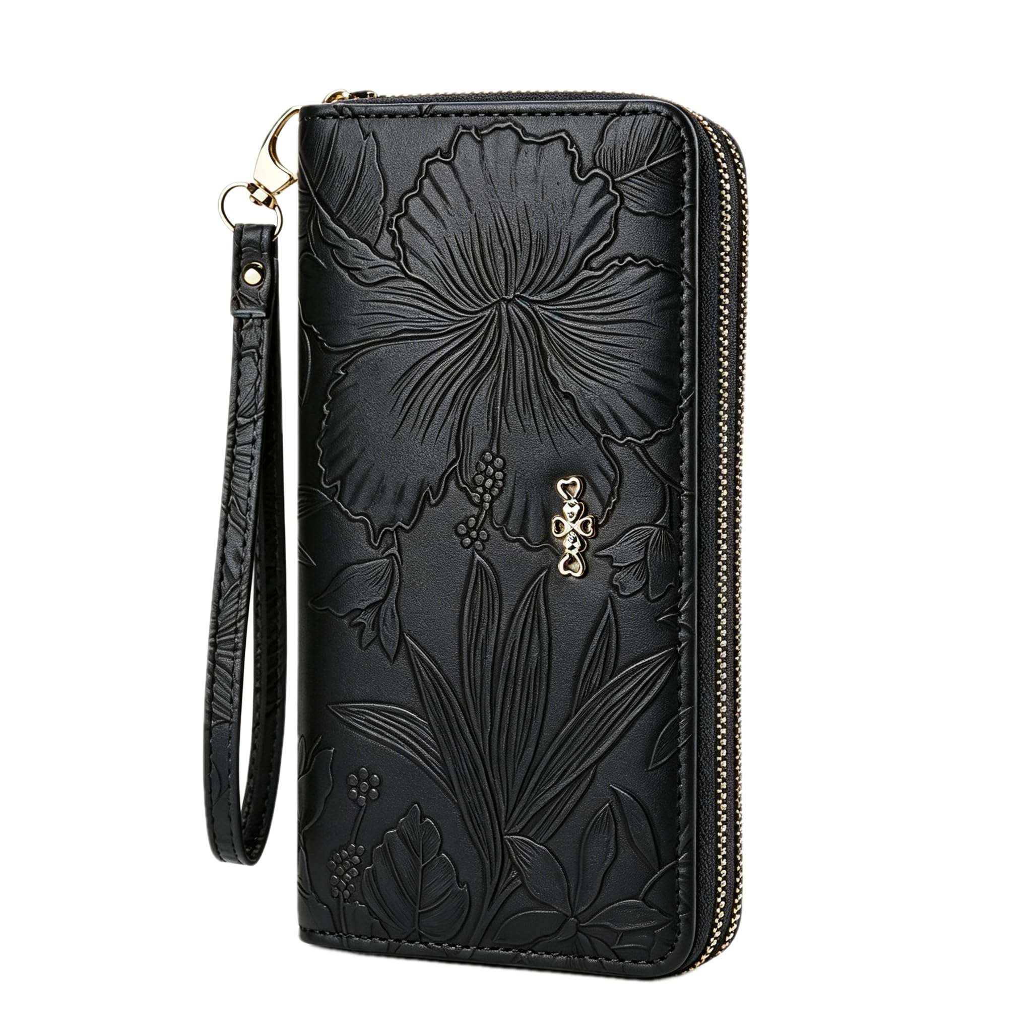 Portafoglio da donna, grande capacità, stampa floreale, portafoglio lungo da donna, in pelle PU, per carte di credito, con tasca con cerniera, Multi Card Slots grandi scomparti, Nero A