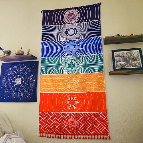 Miniatura 7 de Neasyth - Tapiz con chakras, alfombra de yoga y meditación, tapete de piso mexicano rayado con borlas, 59 pulg