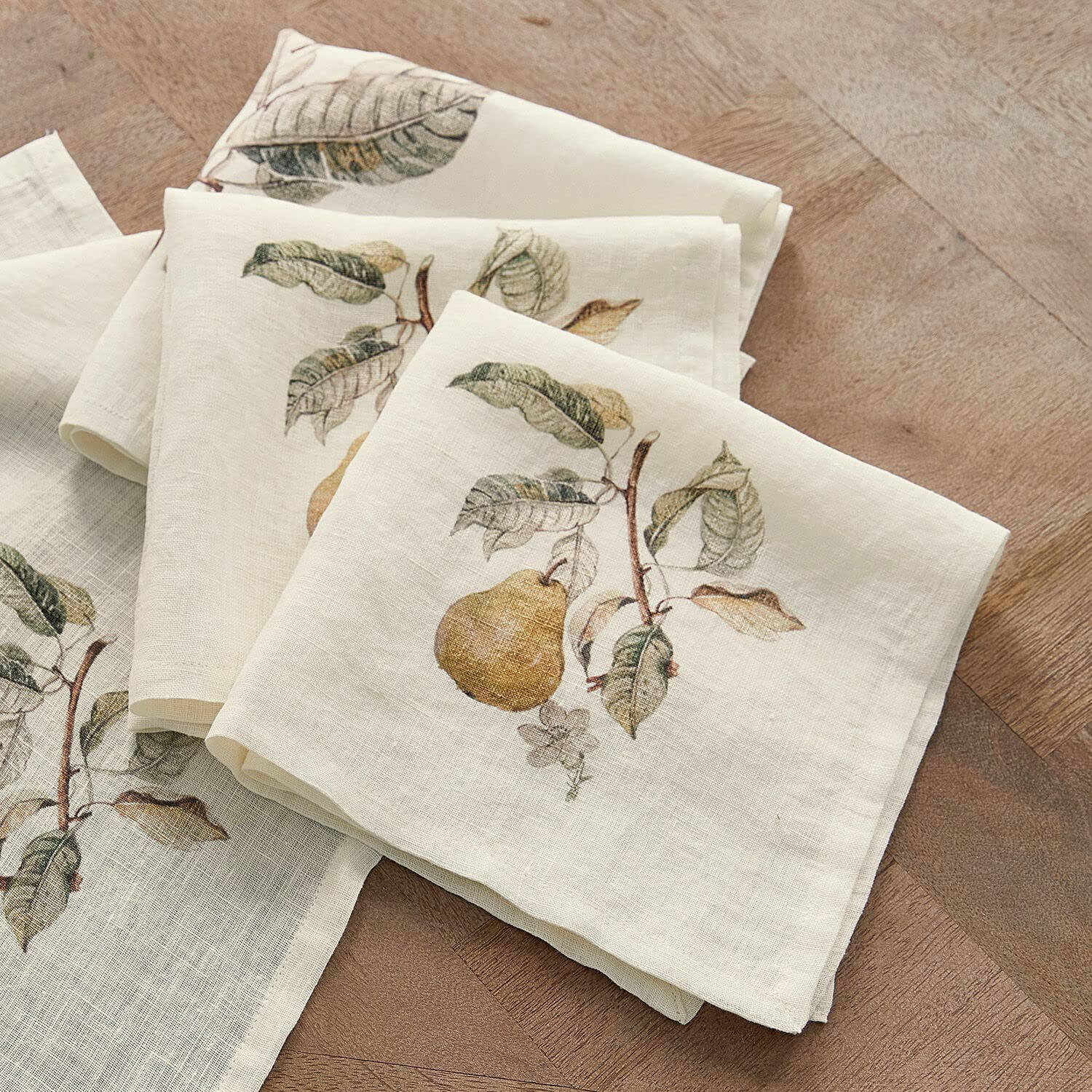LOBERON Serviette 4er Set Tupisa, zarter Birnen-Print, Landhaus-Stil, wiederverwendbar, Tischdeko, Tischwäsche, Leinen, Offwhite