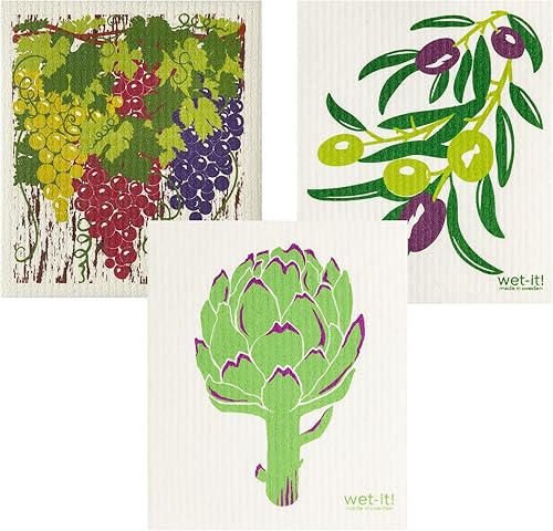 Juego de 3 paños de cocina suecos - Uvas nuevas, alcachofas, aceitunas