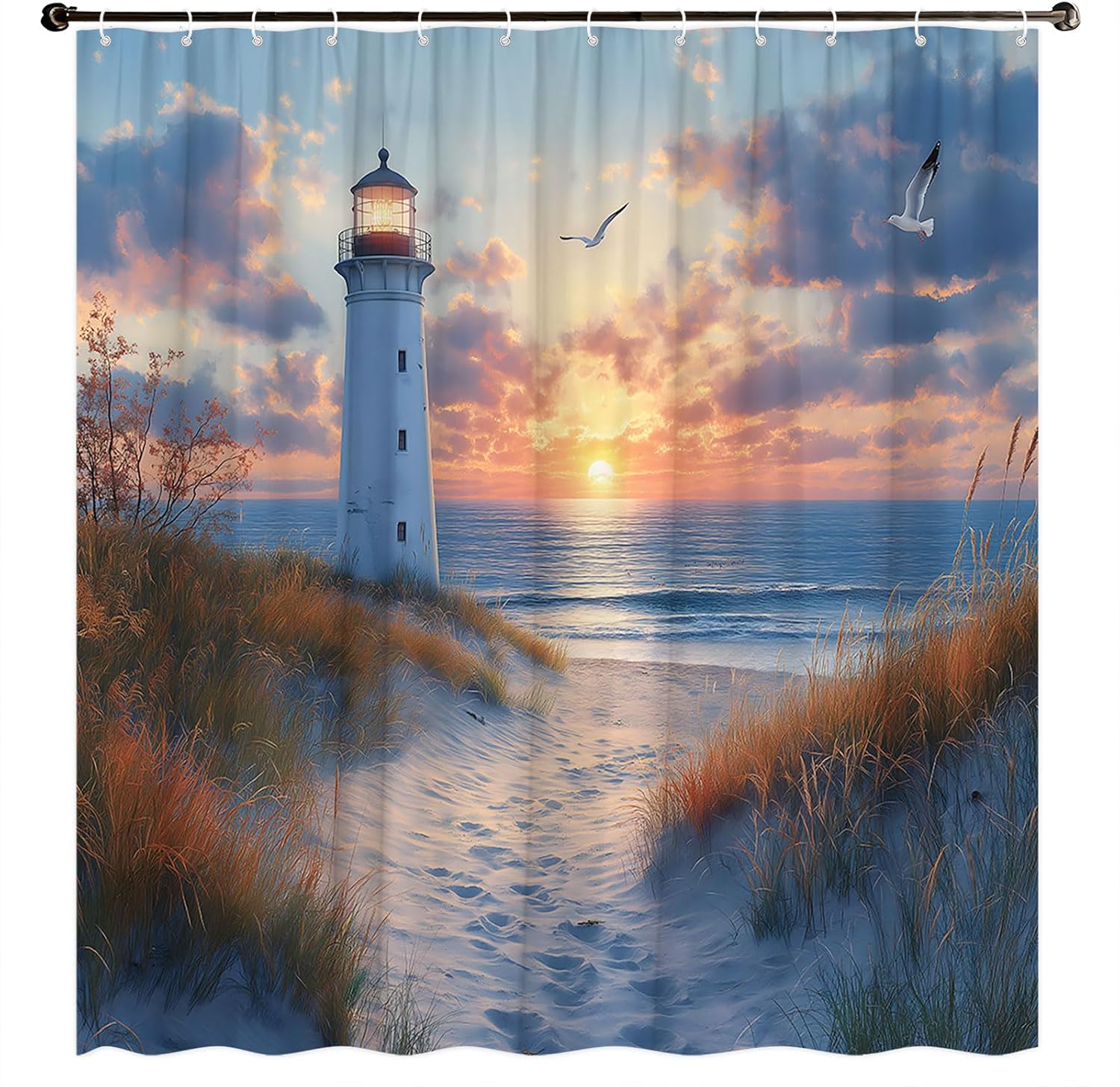 Lighthouse Shower Curtain Nautical Coastal Beach Ocean Wave Seagull Seasides Hawaiian Sunrise Sunset Seascape Decorative Curtain with Polyester Fabric