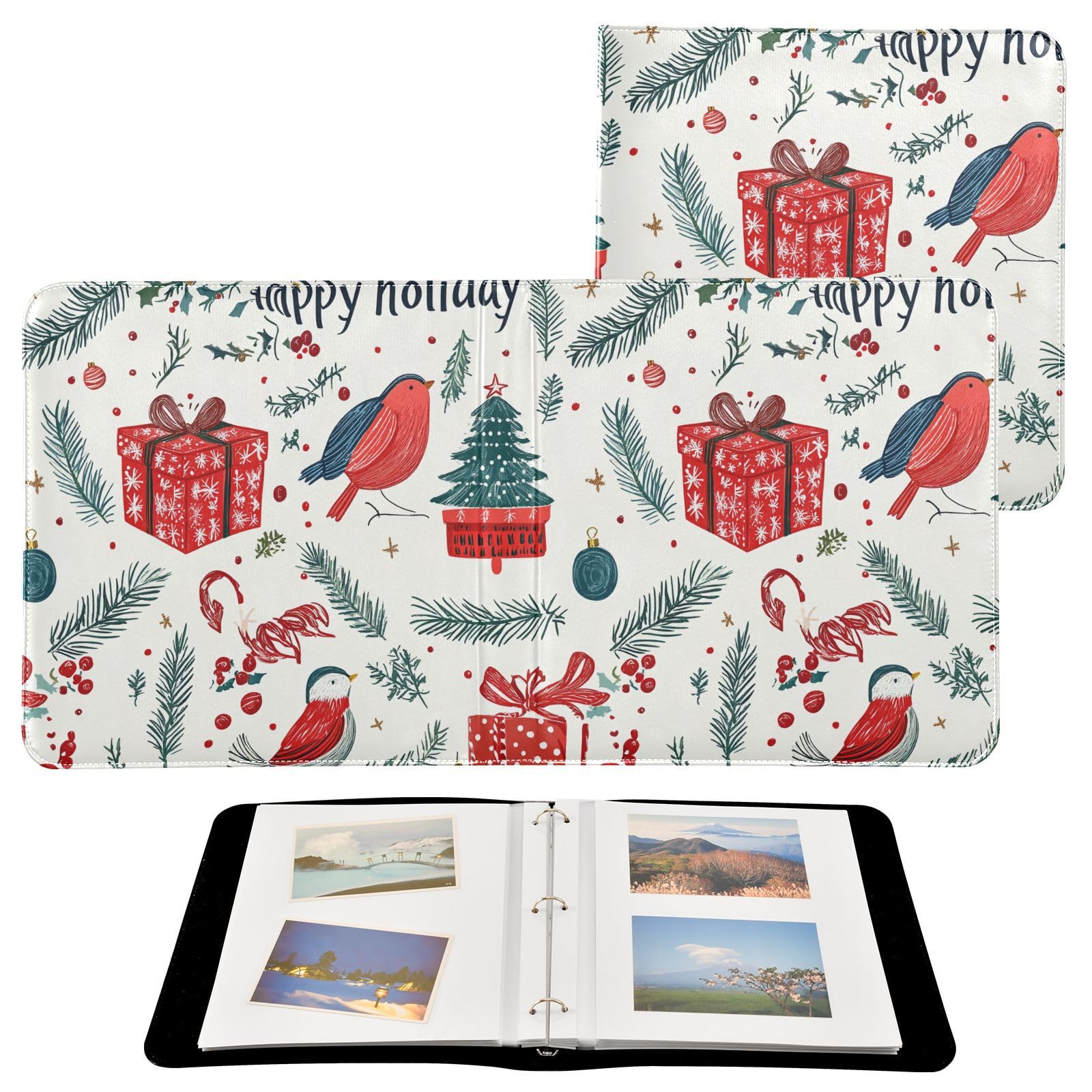 Álbum de fotos para fotos de todos los tamaños, caja de regalo de pájaros de Navidad, árbol de Navidad rojo, autoadhesivo, fotos de 4 x 6, 5 x 7, 6 x 8 pulgadas