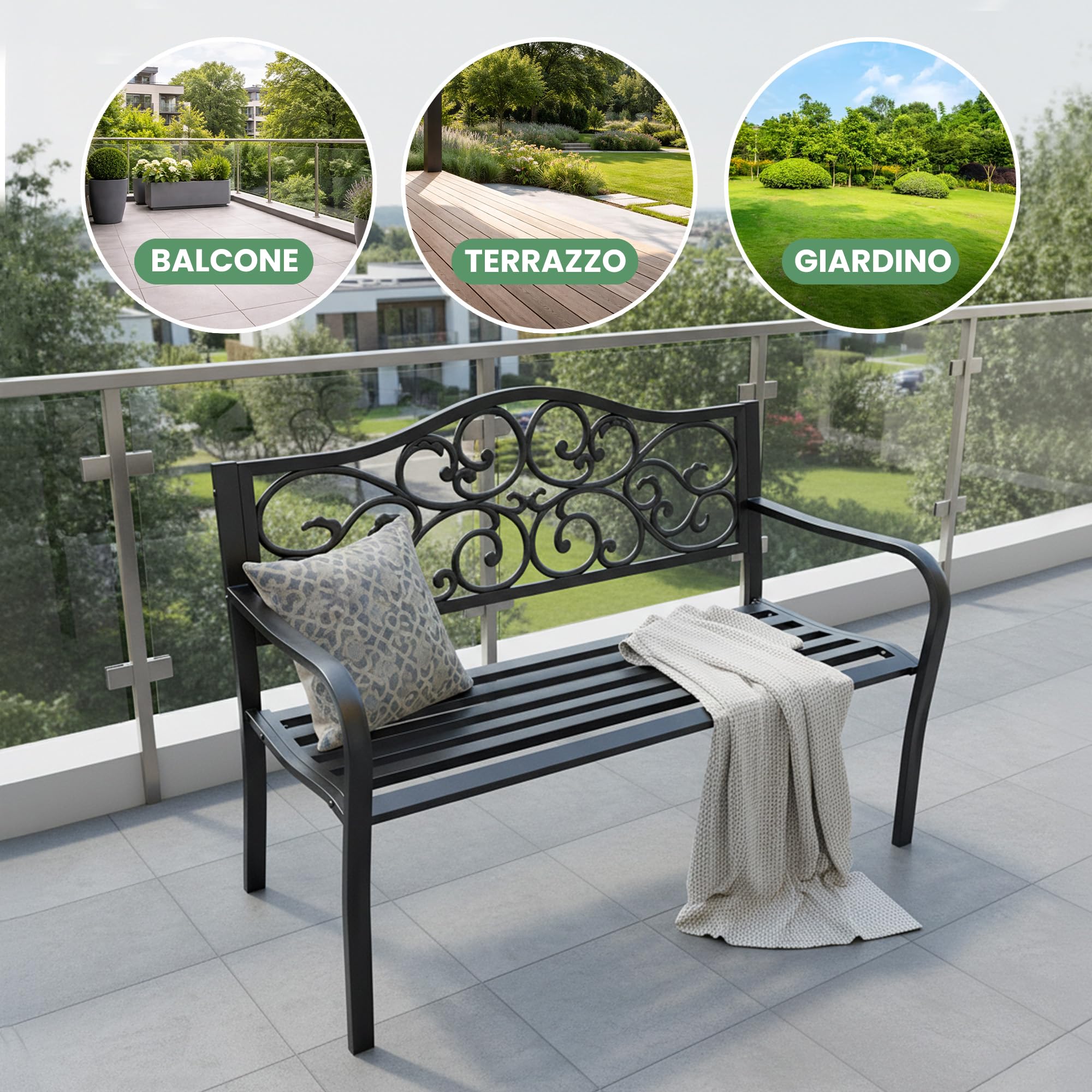 AKORD Panchina da Giardino IRGA con Gambe in Acciaio e Schienale in Ghisa | Panca da Esterno | Panchine Esterna con Bracciolo | Panche Moderno Resistente alle Intemperie | Larghezza 127 cm | Nero