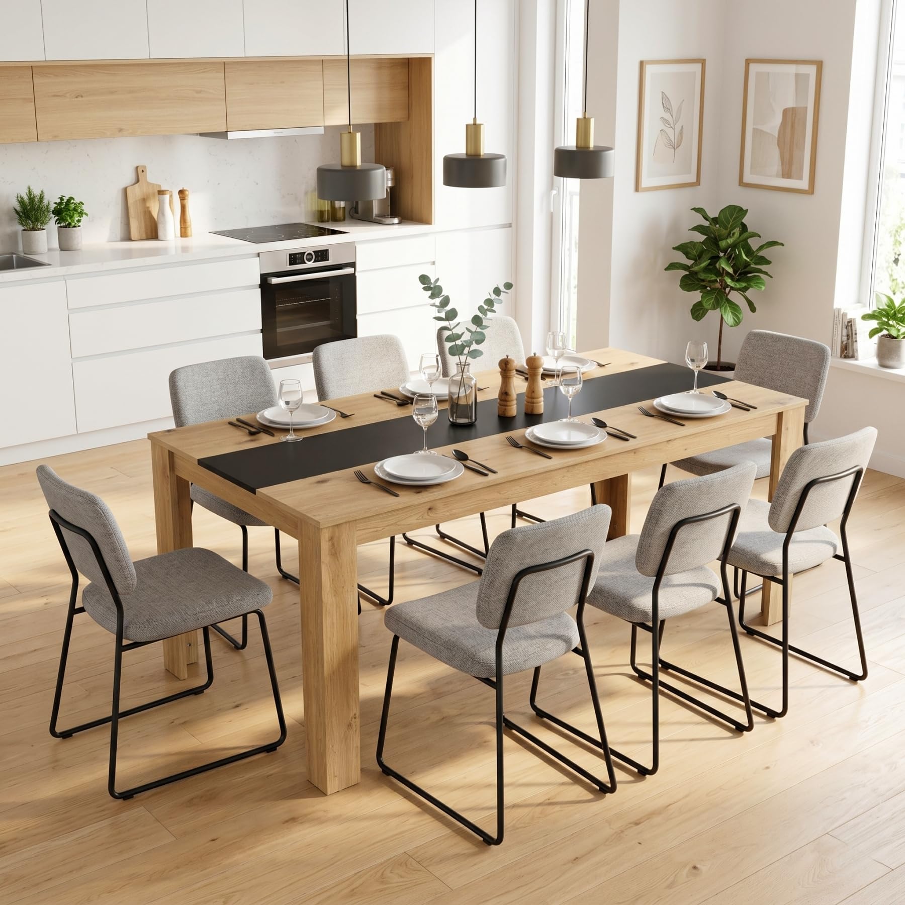 Esstisch Holz 160 x 80 cm für 6-8 Personen, Küchentisch Rechteckiger Esszimmertisch, Großer Tisch Holz für Esszimmer Küche Restaurant oder Wohnzimmer, Eiche und Schwarz, 160x80x75 cm