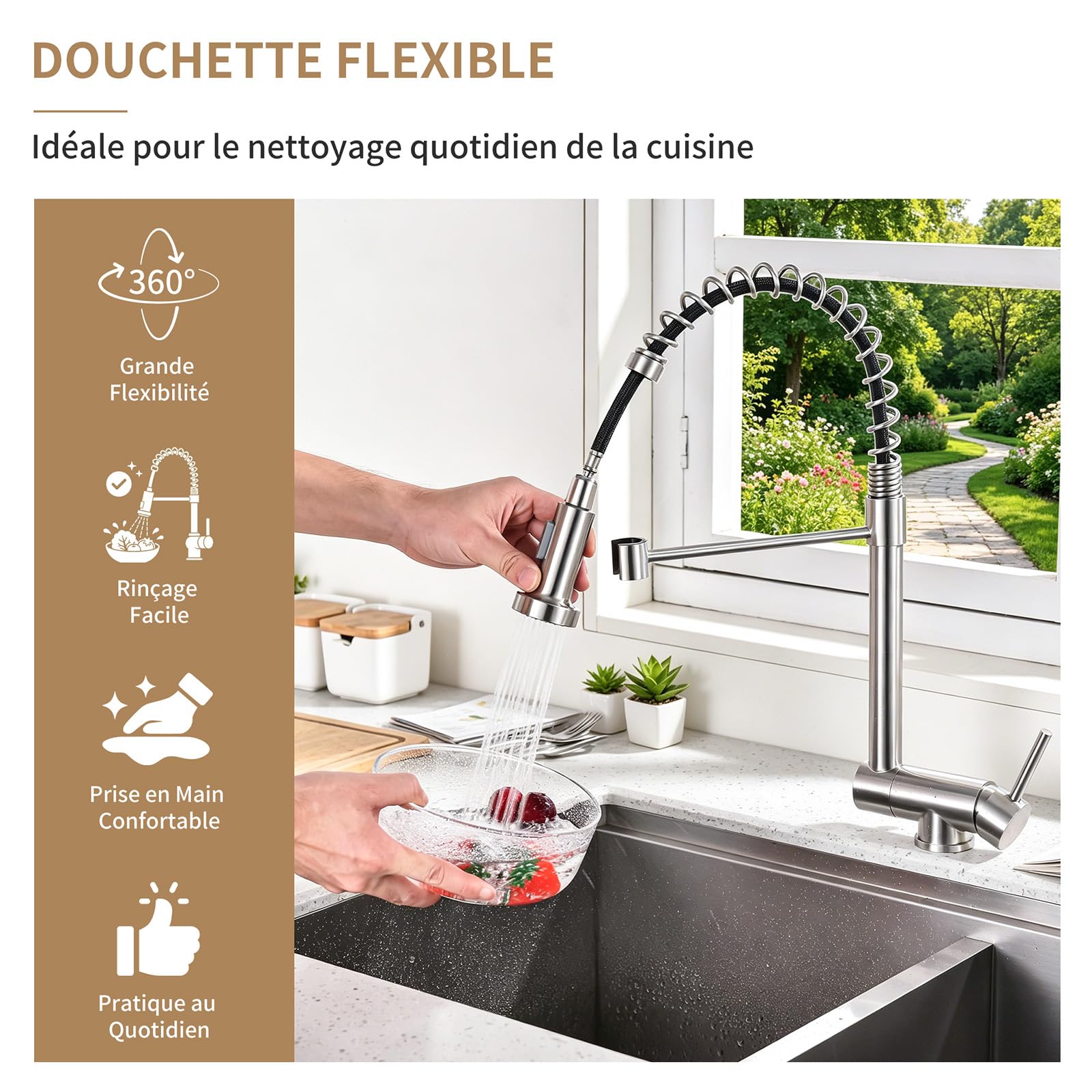 HOMELODY Wasserhahn Küche Edelstahl Ausziehbar für Vorfenster | 2 Strahlarten Brause, 360° drehbar, Spiralfeder-Design für die Spüle am Fenster, Hochdruck