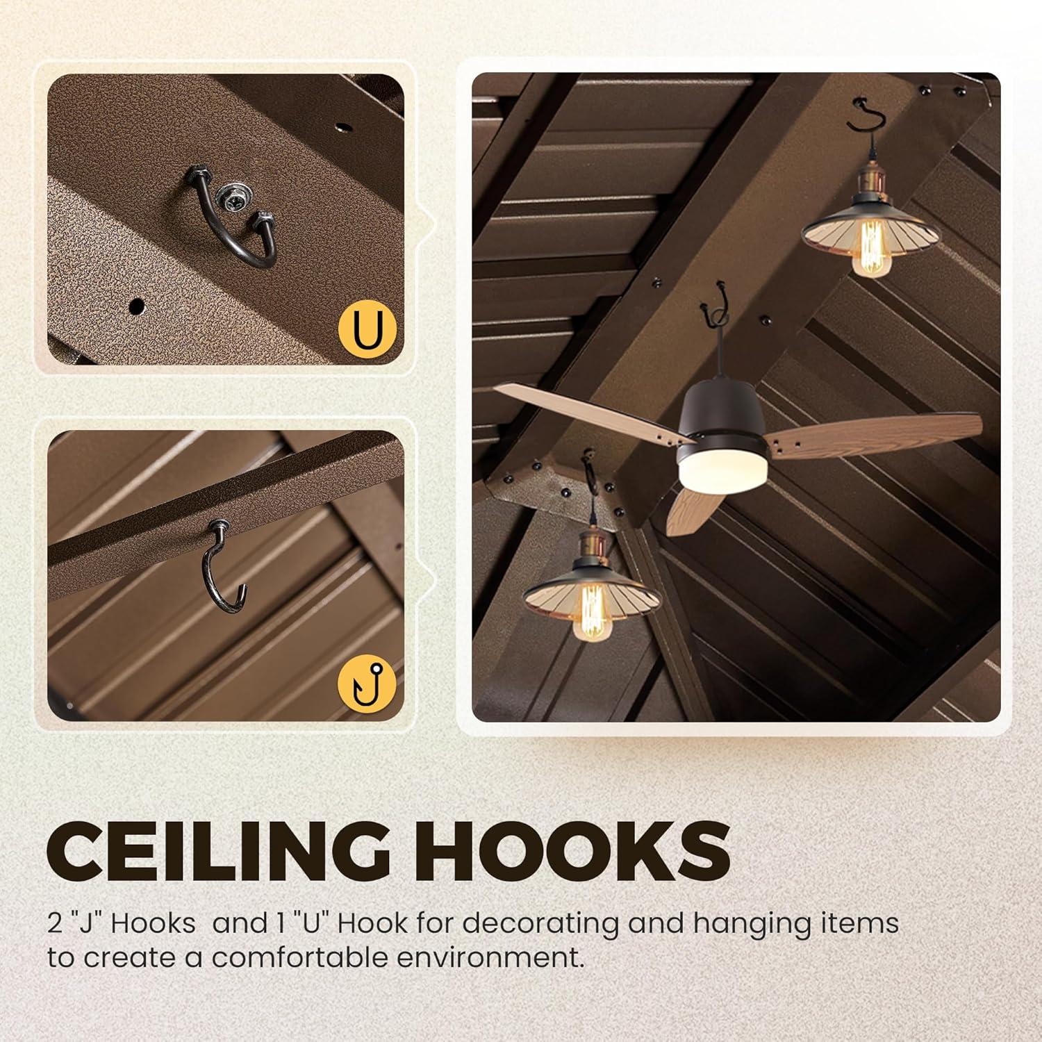Ceiling hooks for hanging lights or decorations inside the gazebo.