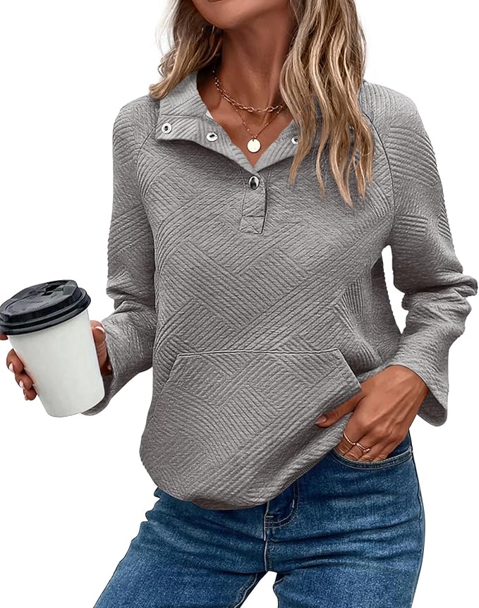 KIRUNDO Womens Sweatshirt Casual Textured Long Sleeve Henley Button V Neck Loose Pullover 2025 Trendy Fall Outfits Tops