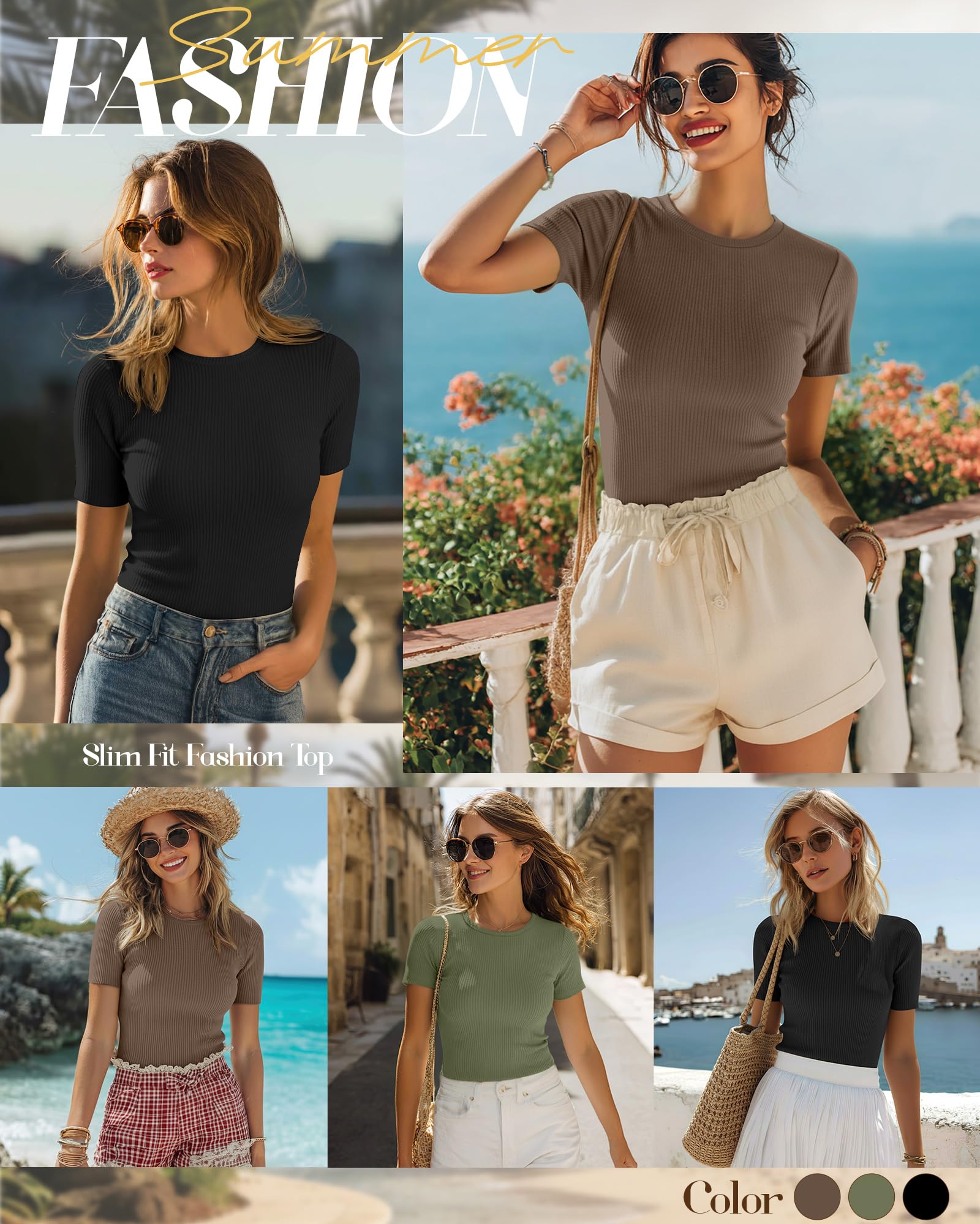 Ficerd Lot de 3 t-Shirts côtelés pour Femme, en Coton, Manches Courtes, col Rond, Coupe ajustée, Hauts Basiques et décontractés, Parfaits pour l'été.