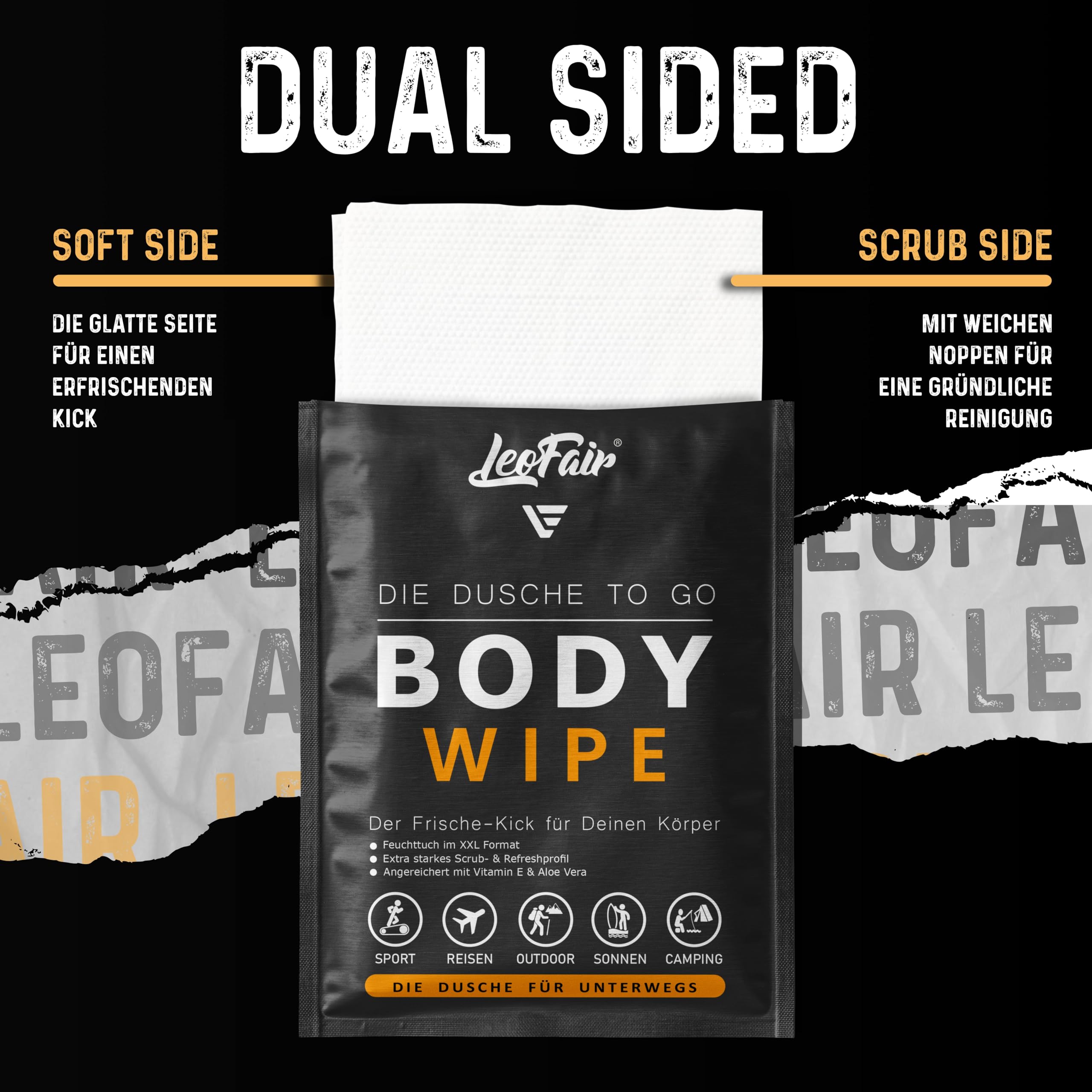 Lingettes pour le corps XXL - Lingettes humides pour les voyages, le camping, les festivals et en déplacement - 10 grandes lingettes humides emballées individuellement pour le visage et le