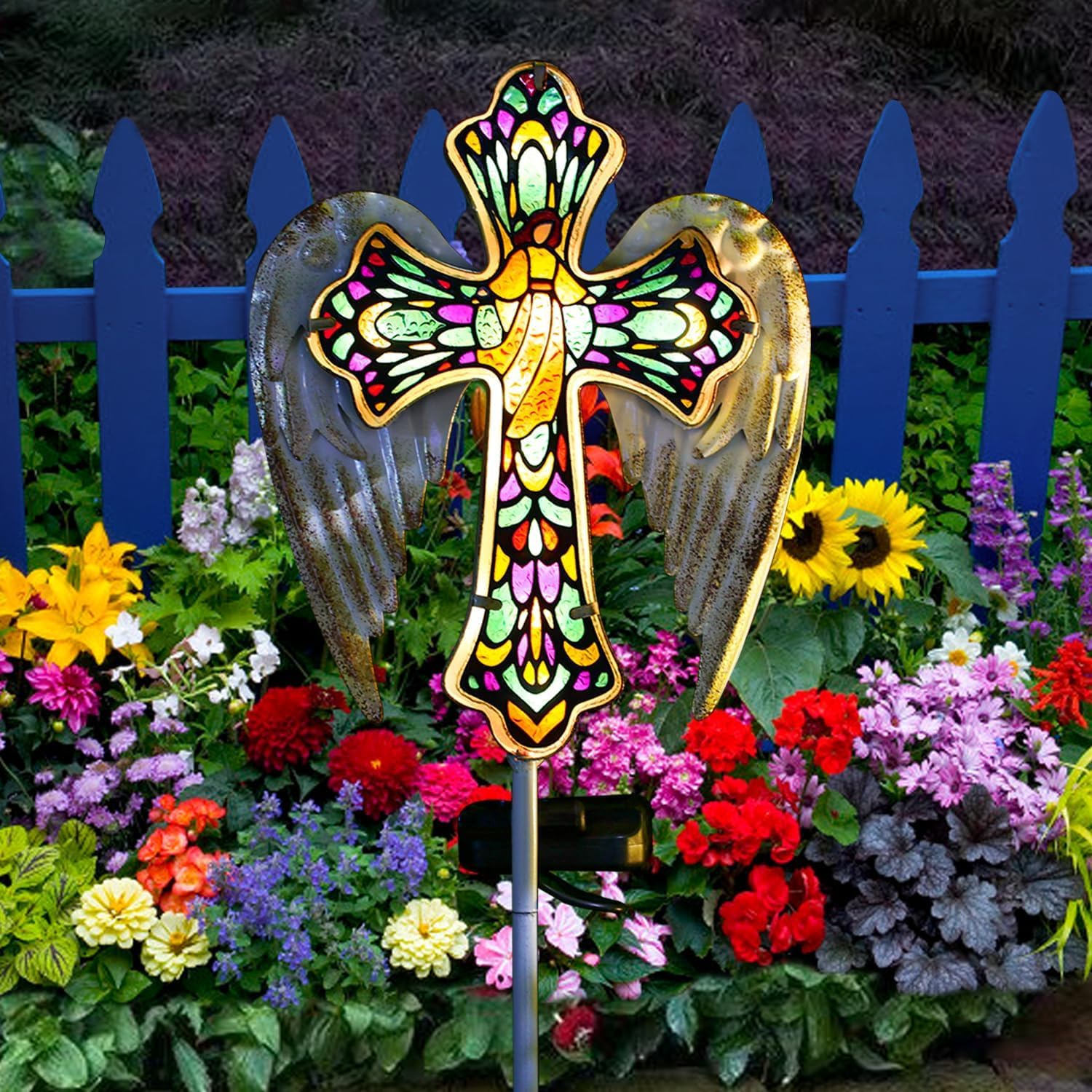 Solar Kreuz Garten Lichter, Außen Solarleuchten Garten Gartendeko für Draußen Wetterfest, Buntglas Engel Sflügel, Metall Dekoration für Deko Balkon Pfad Patio Hinterhof, Grabsteine für Gräber, Rasen