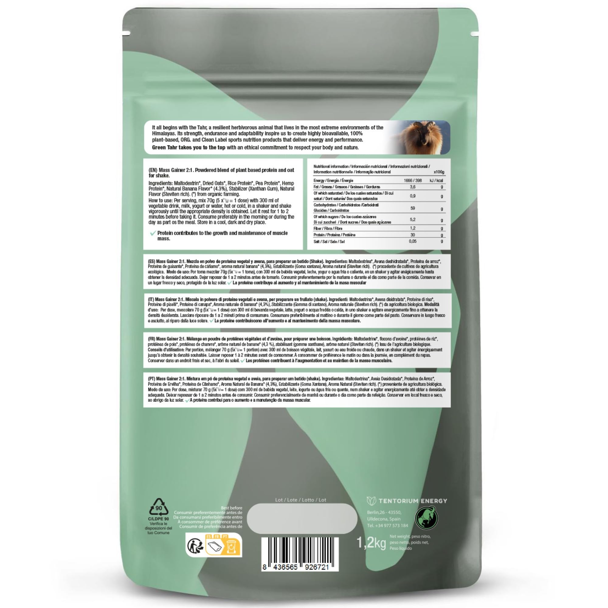 Green Tahr Mass Gainer Vegano Bio. Integratore Carboidrati e Proteine in Polvere per Aumentare Massa Muscolare. Senza Glutine, con Maltodestrine e Vegan Protein. Gusto Banana. 17 Dosi, 1,2 Kg