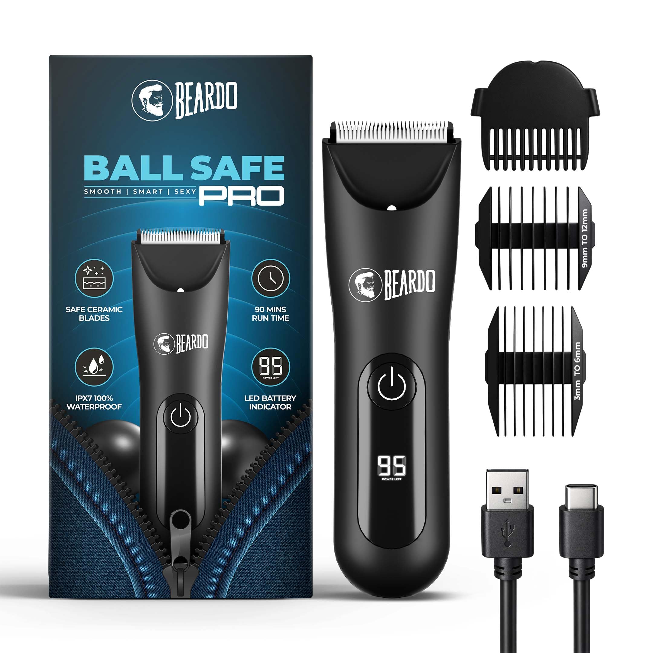 Beardo Ball Safe Pro Trimmer | Intimate Trimmer for Men | IPX7 Waterproof | Safe Ceramic Blades | 40mm T-Blade | 6000 RPM | 90 Min Runtime | Type-C Charging | Full Body Trimmer for Men