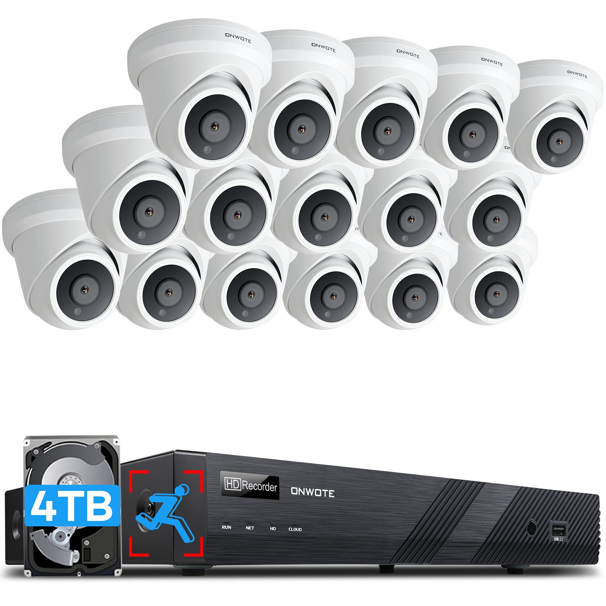 ONWOTE 16 Channel 4K 8MP PoE Security Camera System 4TB, Smart-Human-Detection, Power-Over-Ethernet, (16) Outdoor Audio Po...