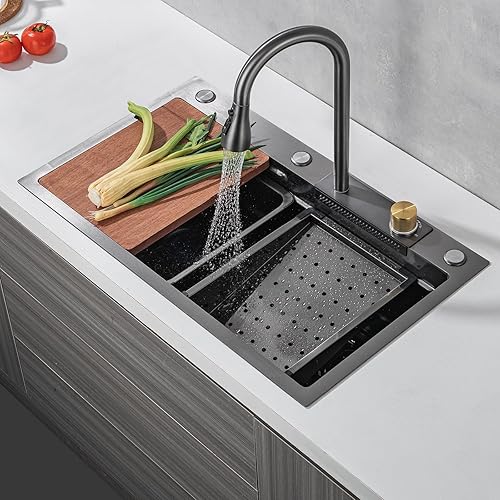 Miniatura 2 de Fregadero de cocina de 30 pulgadas con grifo combinado de cascada de acero inoxidable negro cascada fregadero de cocina encimera de cocina