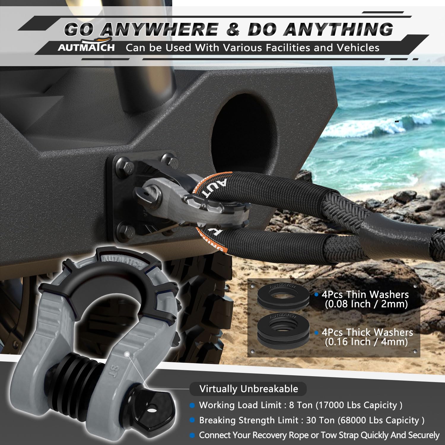 AUTMATCH Grilli ad anello a D da 3/4" (confezione da 2) 68.000Ibs resistenza alla rottura con perno a vite da 7/8" e isolatore e rondelle per cinghia di traino argano recupero fuoristrada grigio e