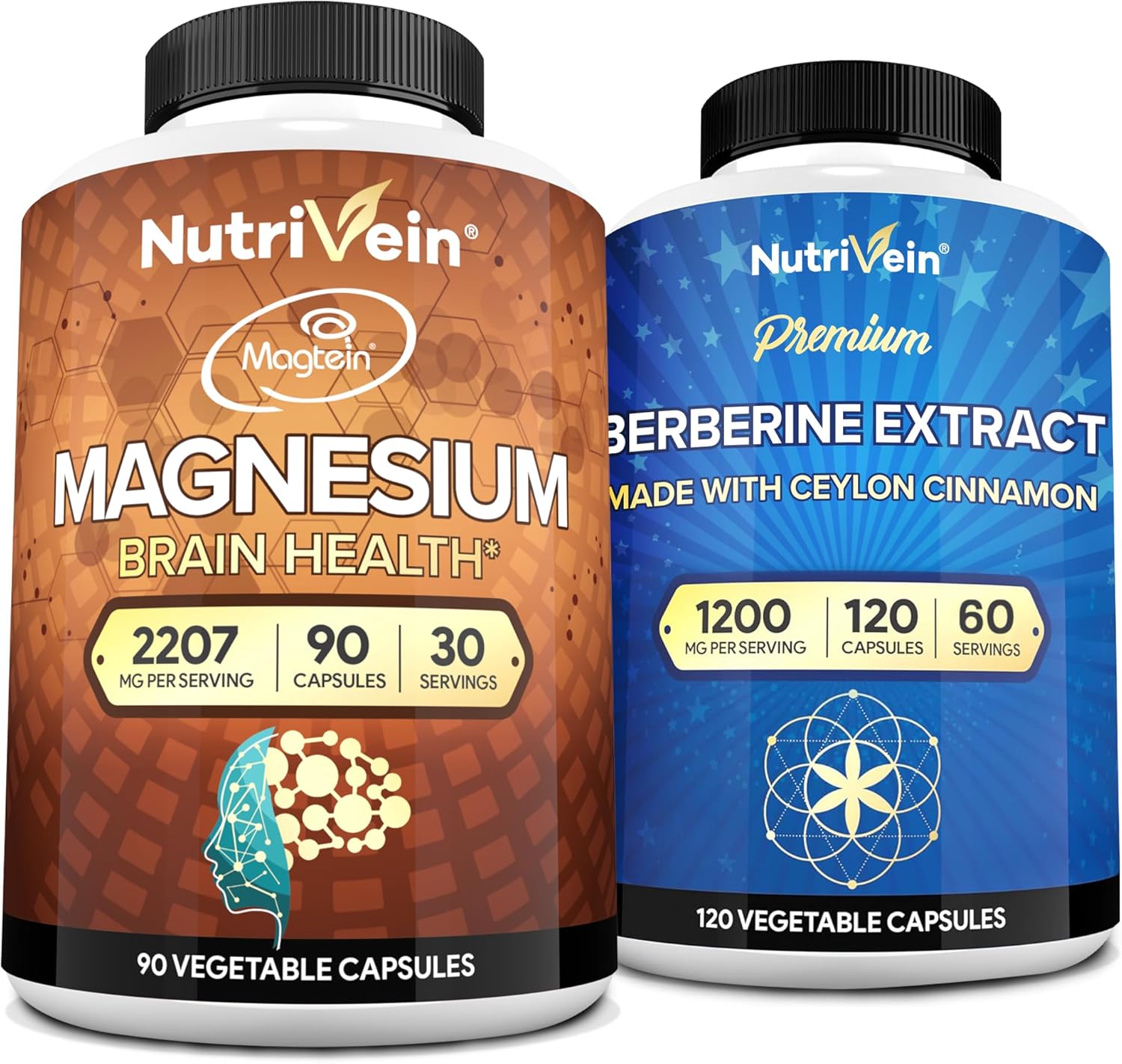 Nutrivein Premium Magnesium L-Threonate & Berberine Supplement Bundle: High Absorption Berberine HCL + Magnesium Threonate Supplement Pair for Digestion, Rest, and Well-Being