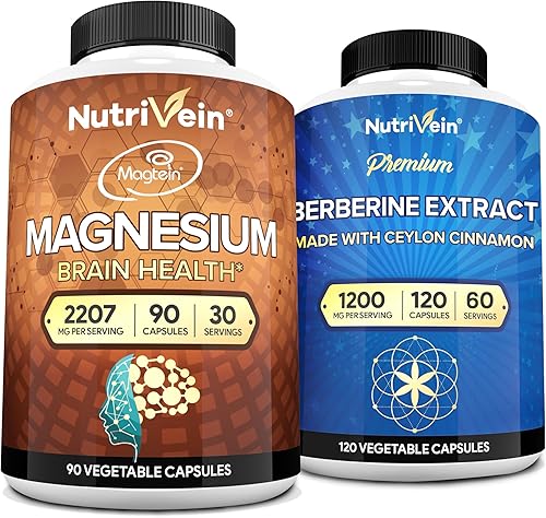 Nutrivein Paquete de suplementos de L-treonato de magnesio y berberina premium: berberina HCL de alta absorción + par de suplementos de treonato de