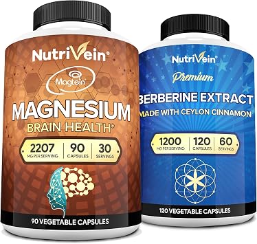 Nutrivein Premium Magnesium L-Threonate & Berberine Supplement Bundle High Absorption Berberine HCL + Magnesium Threonate Supplement Pair for Digestion, Rest, and Well-Being