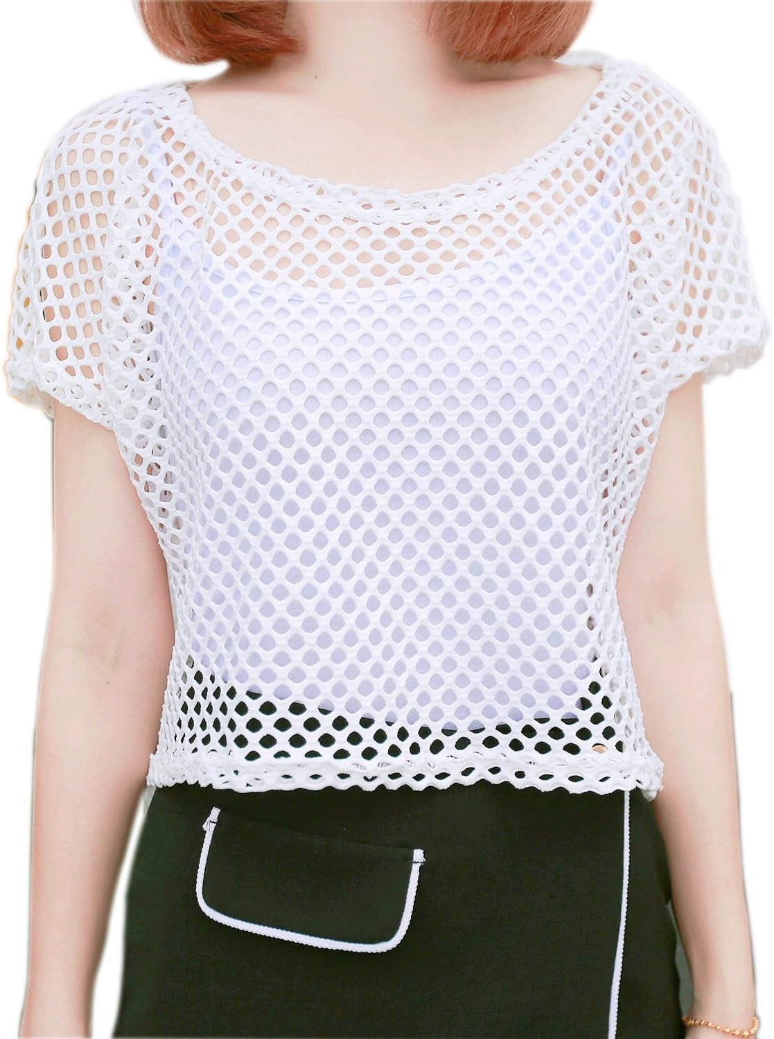 Women's Short Sleeve Mesh Floral Lace Crochet Crop Top (one size, 02-White)