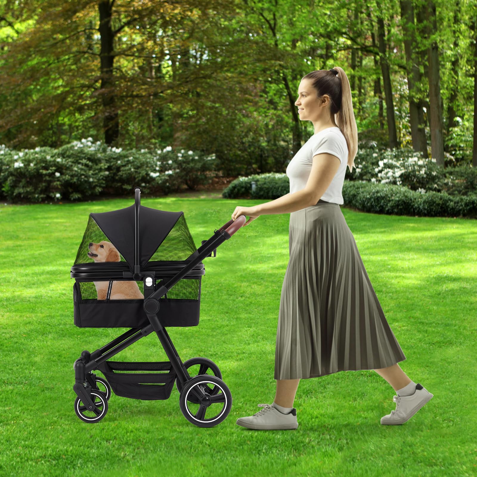 Passeggino pieghevole 3-in-1 per cani e gatti fino a 22 kg - Ruote ammortizzate, finestre in rete, cesto portaoggetti, portabicchieri, copertura antipioggia -nero