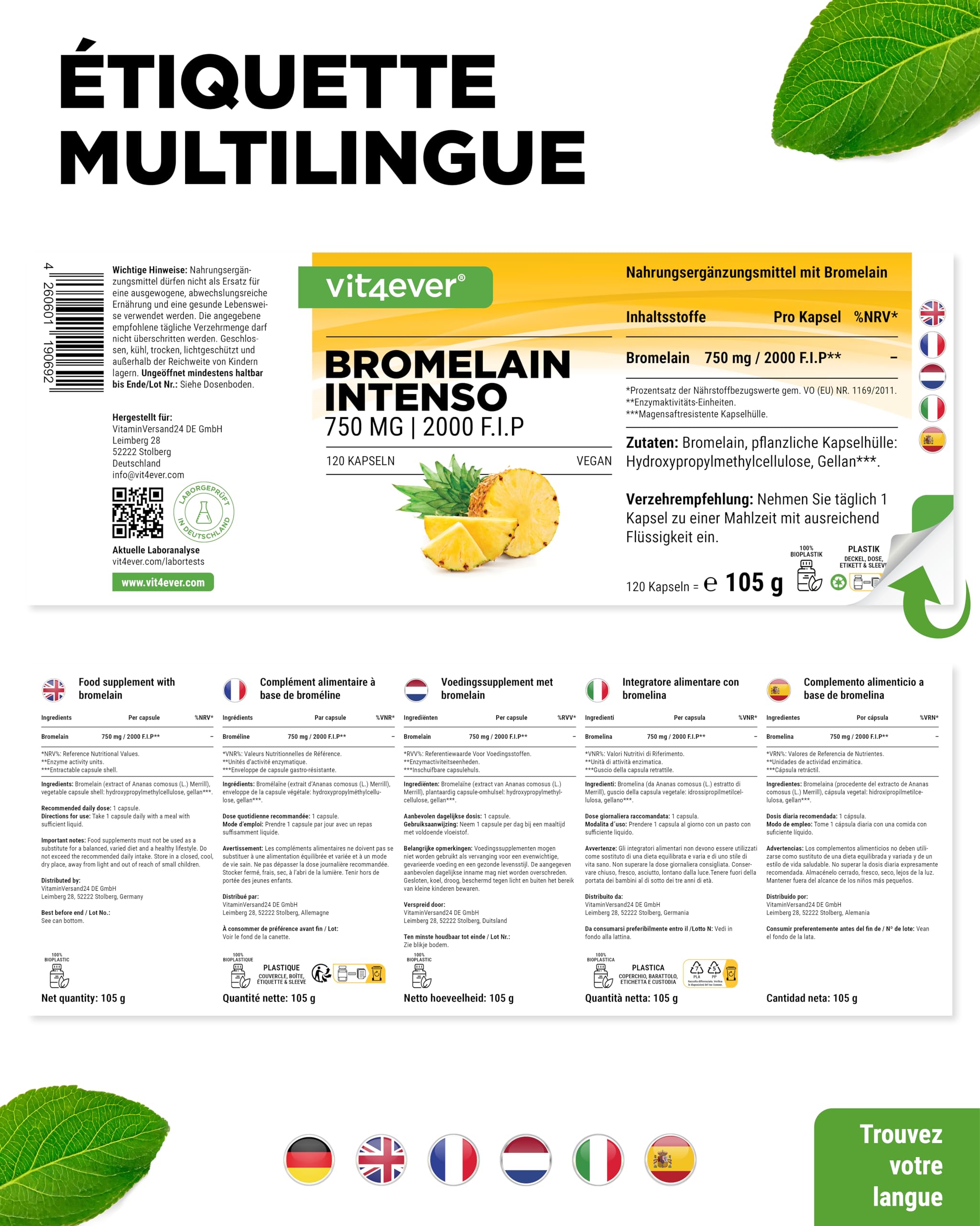 Bromélaïne Intenso - 750 mg (2000 F.I.P) - 120 Gélules Gastro-Résistantes - Extrait Naturel d'Ananas - Hautement Dosé